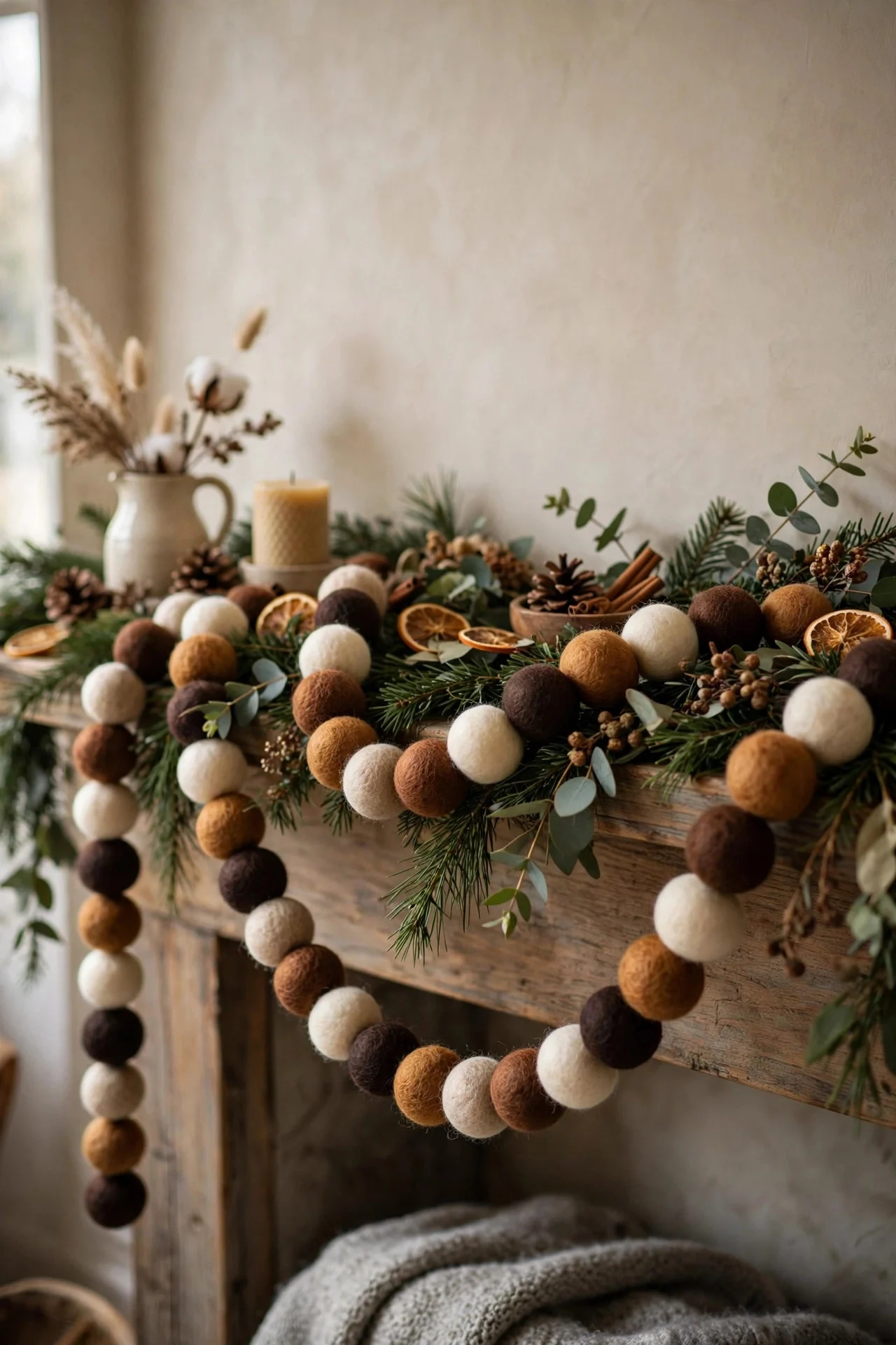 Brown felt-ball garland draped across mantel