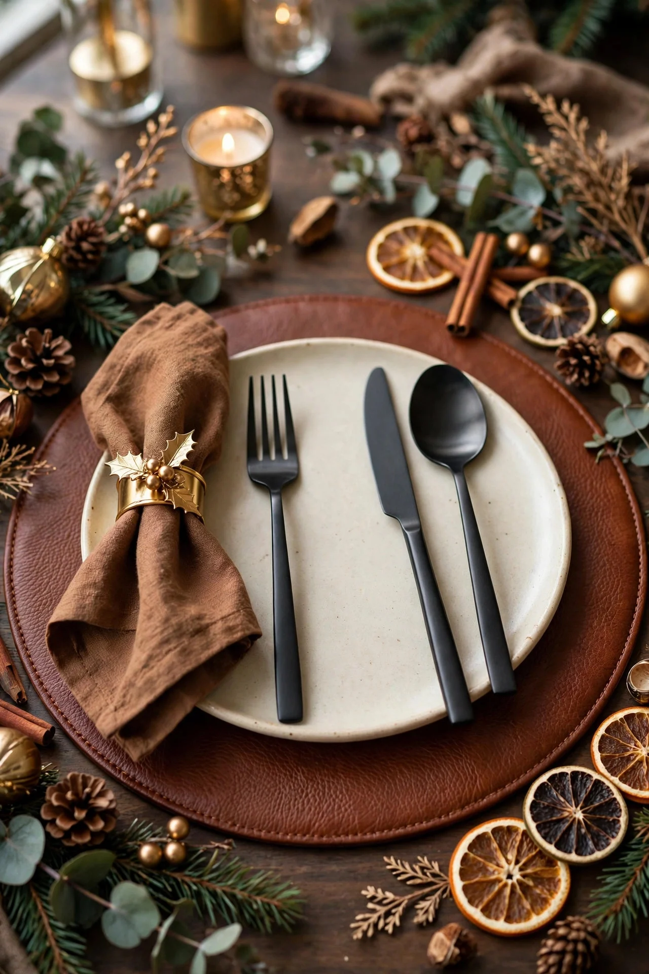 Cognac leather charger place setting for Christmas dinner