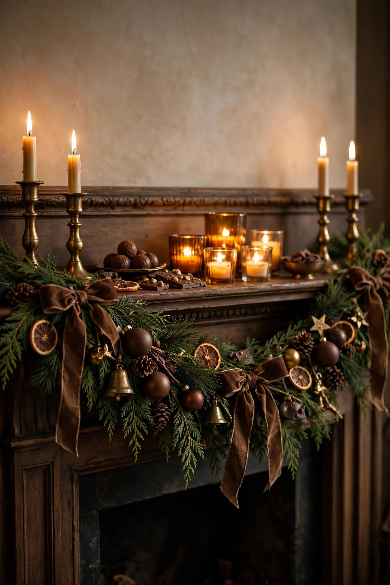 Chocolate and brass Christmas mantel with cedar garland