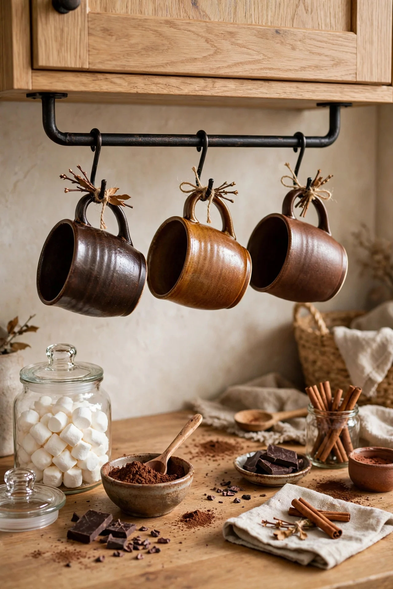 Brown stoneware mugs on a rail by cocoa station