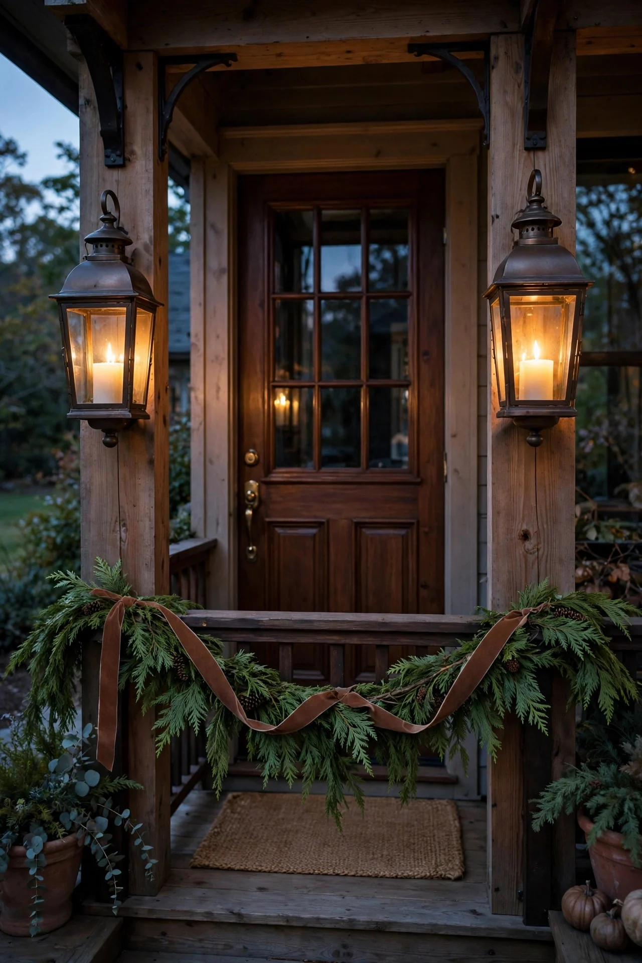 Bronze lanterns flanking front door with cocoa ribbon garland