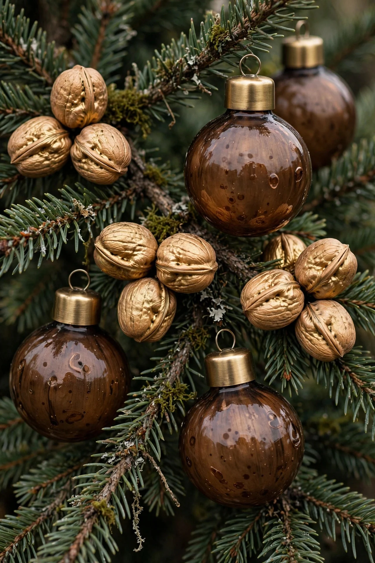 Walnut and brass ornament clusters on Christmas tree