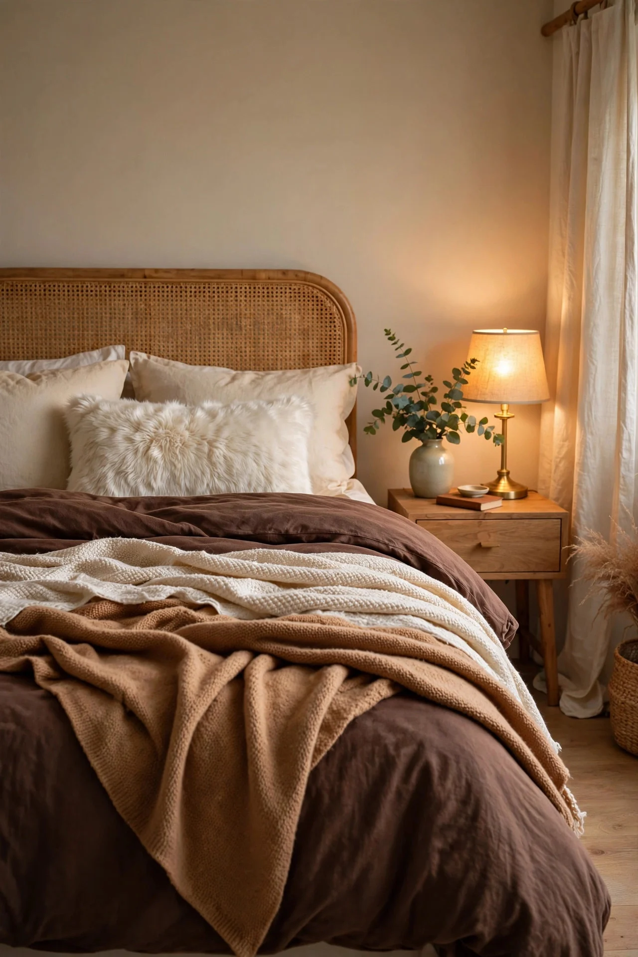Bedroom with cocoa-toned Christmas bedding layers
