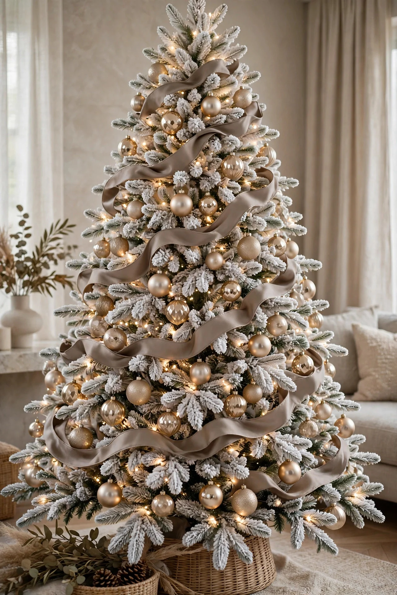 Flocked white Christmas tree with taupe satin ribbon