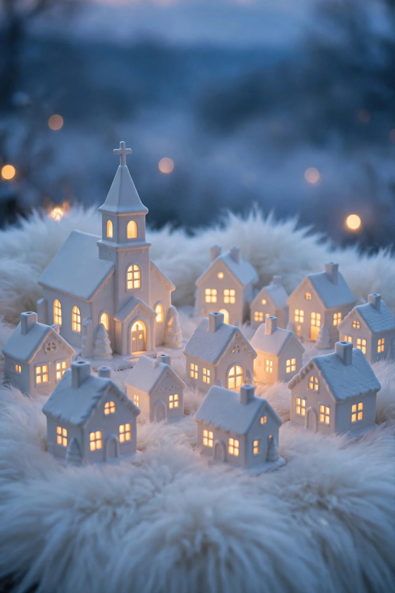 White ceramic Christmas village glowing on faux fur