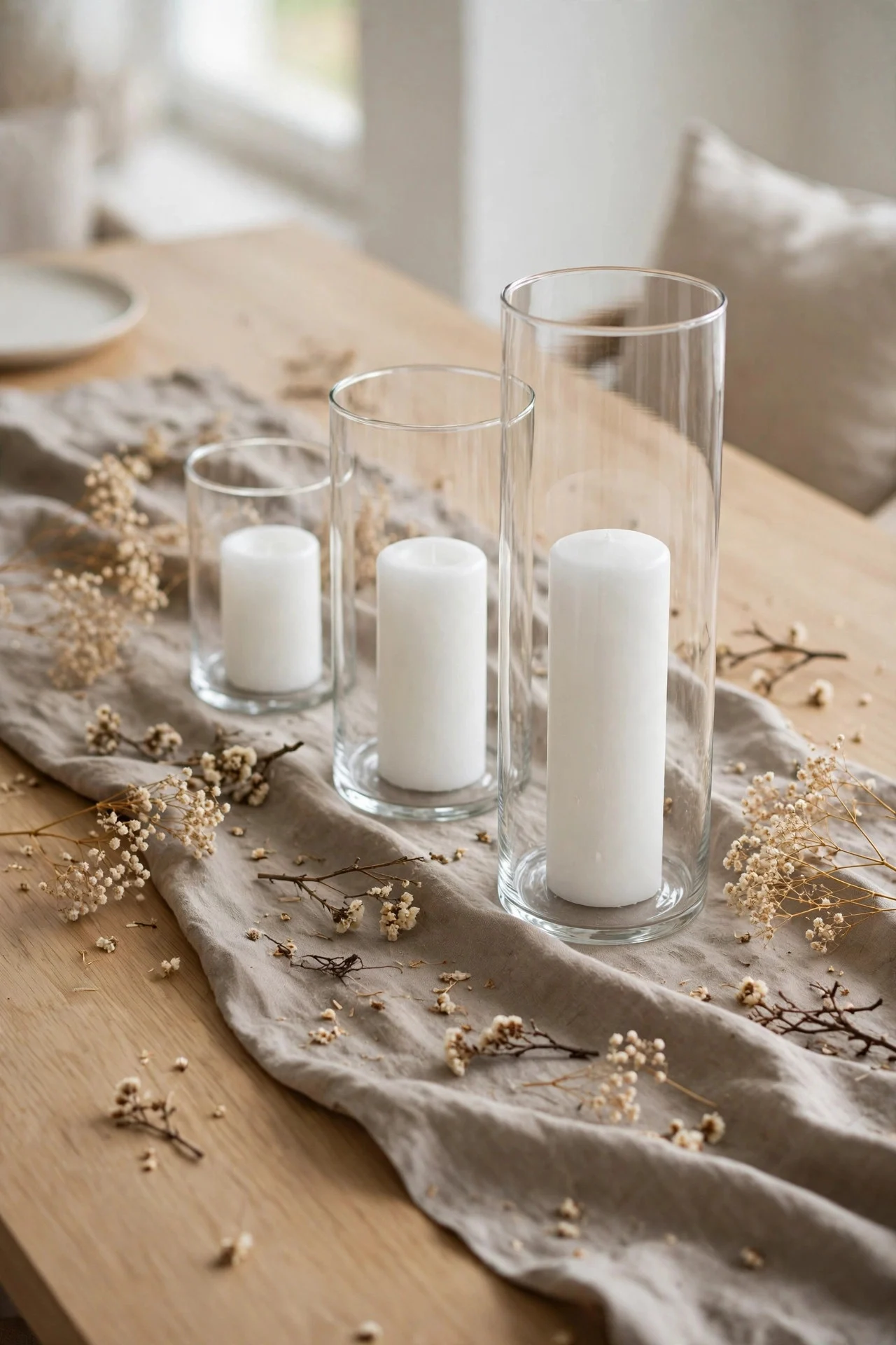 Taupe linen runner with white pillar candles on dining table