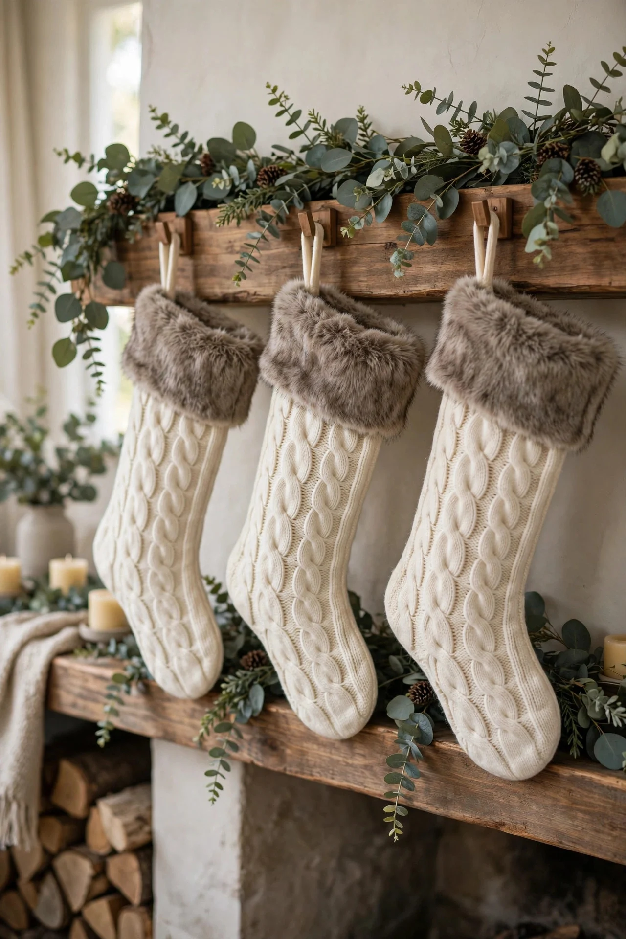 Ivory knit stockings with taupe fur cuffs on mantel