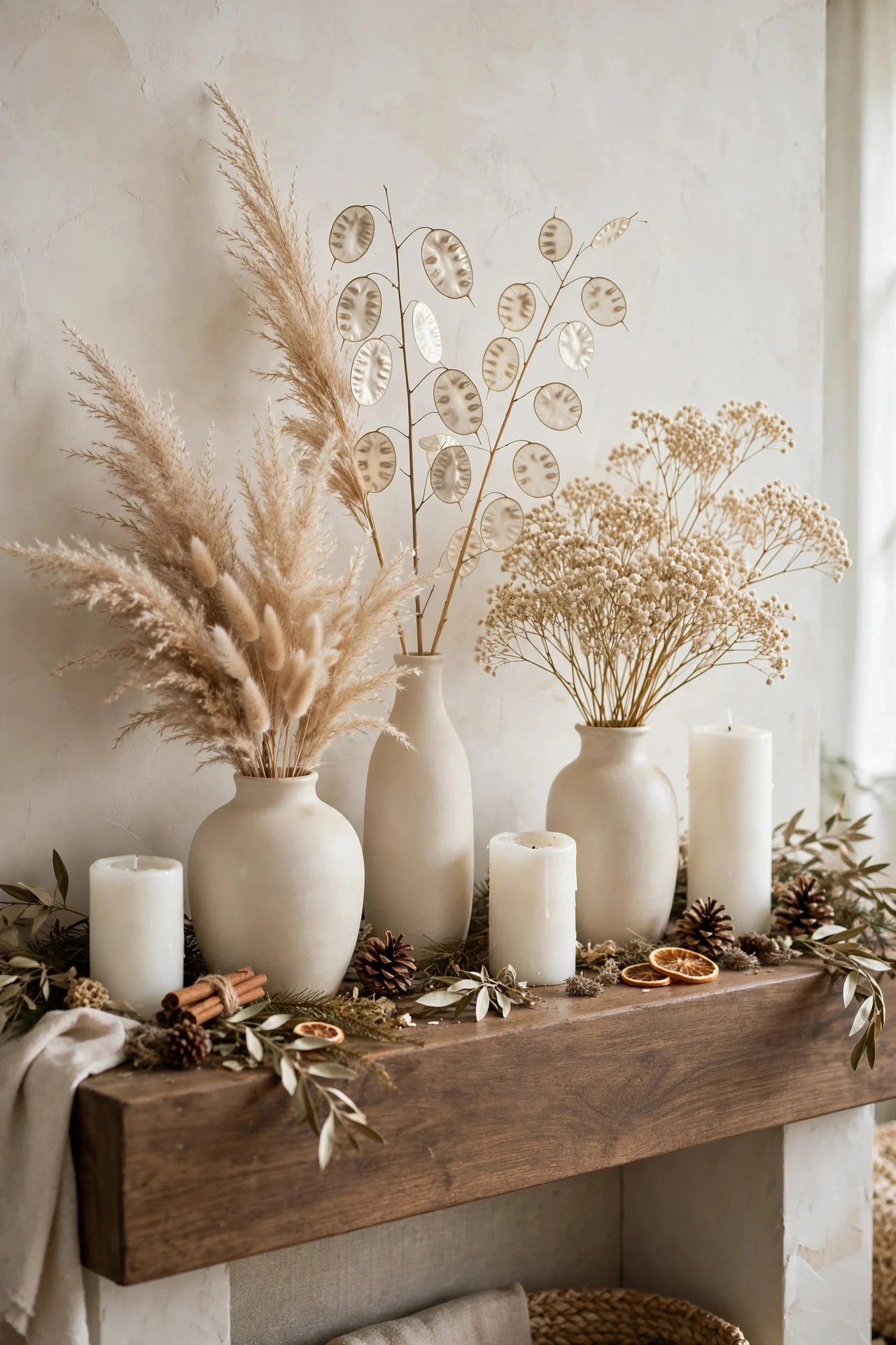 Dried botanical mantel in whites and taupes with candles