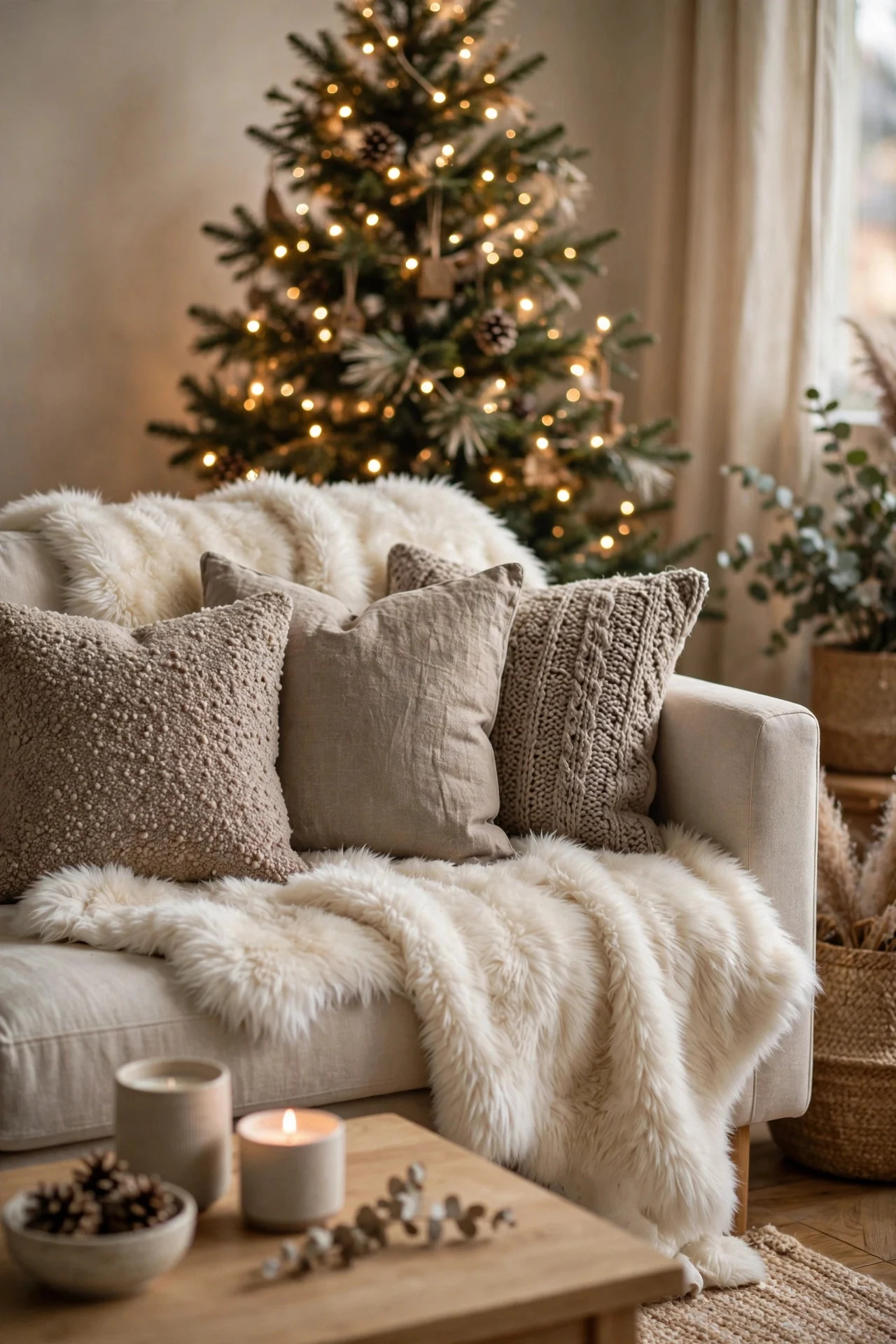 Sofa with ivory faux fur throw and taupe textured pillows