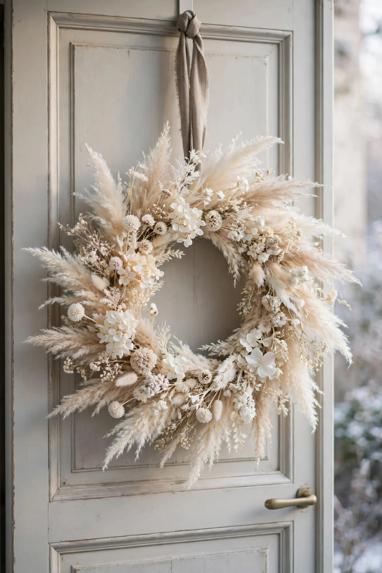 Cream pampas wreath with dried blooms on door