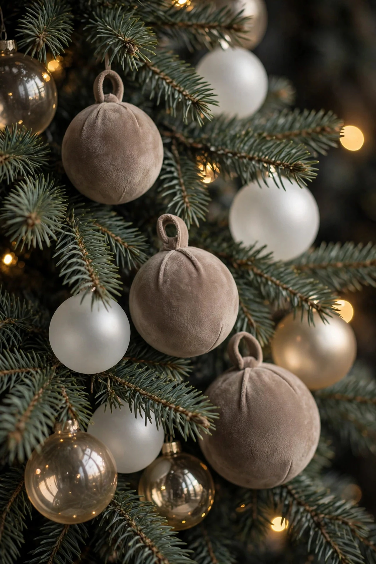 Taupe velvet ornaments mixed with glass on Christmas tree