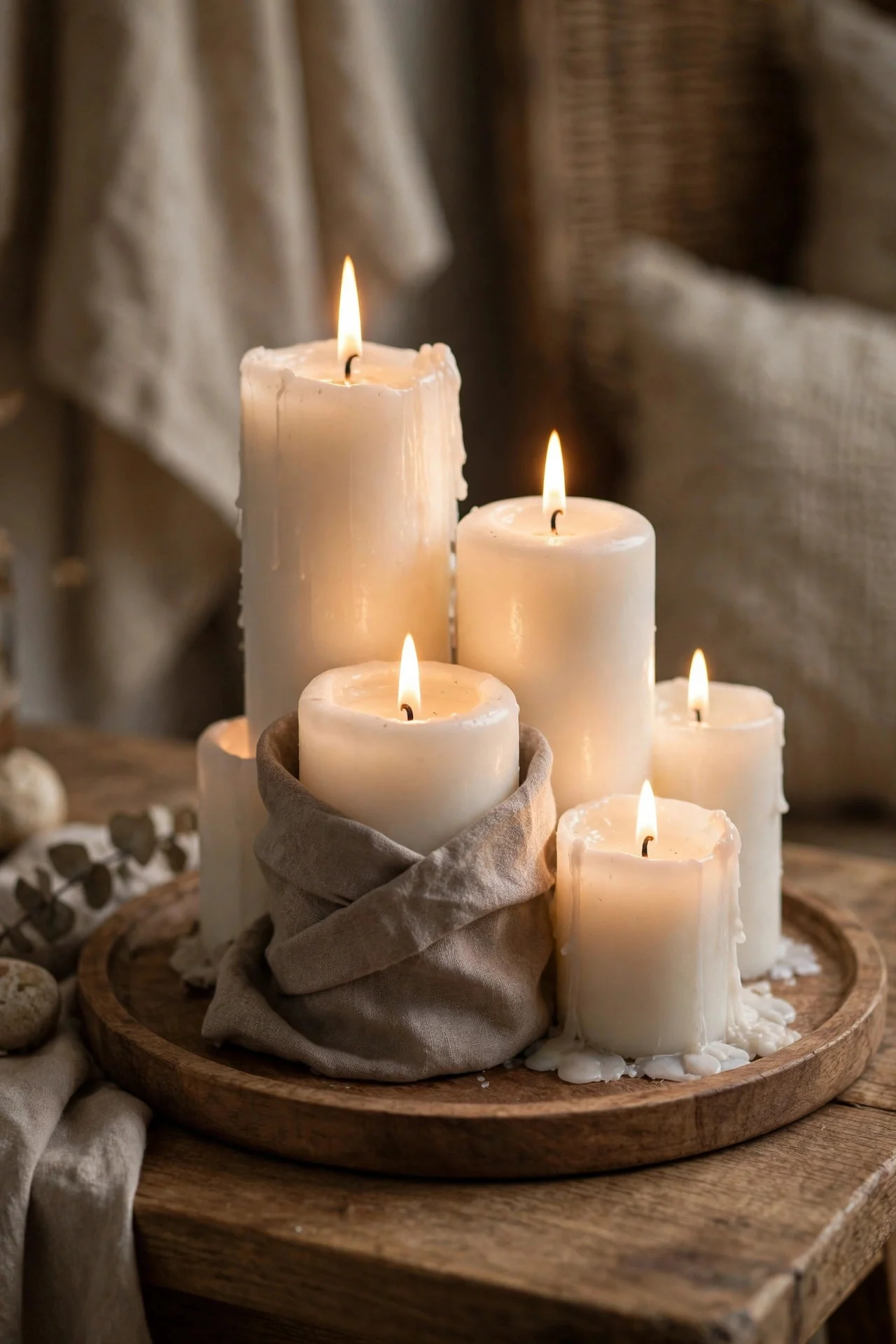 Cluster of white pillar candles on wooden tray