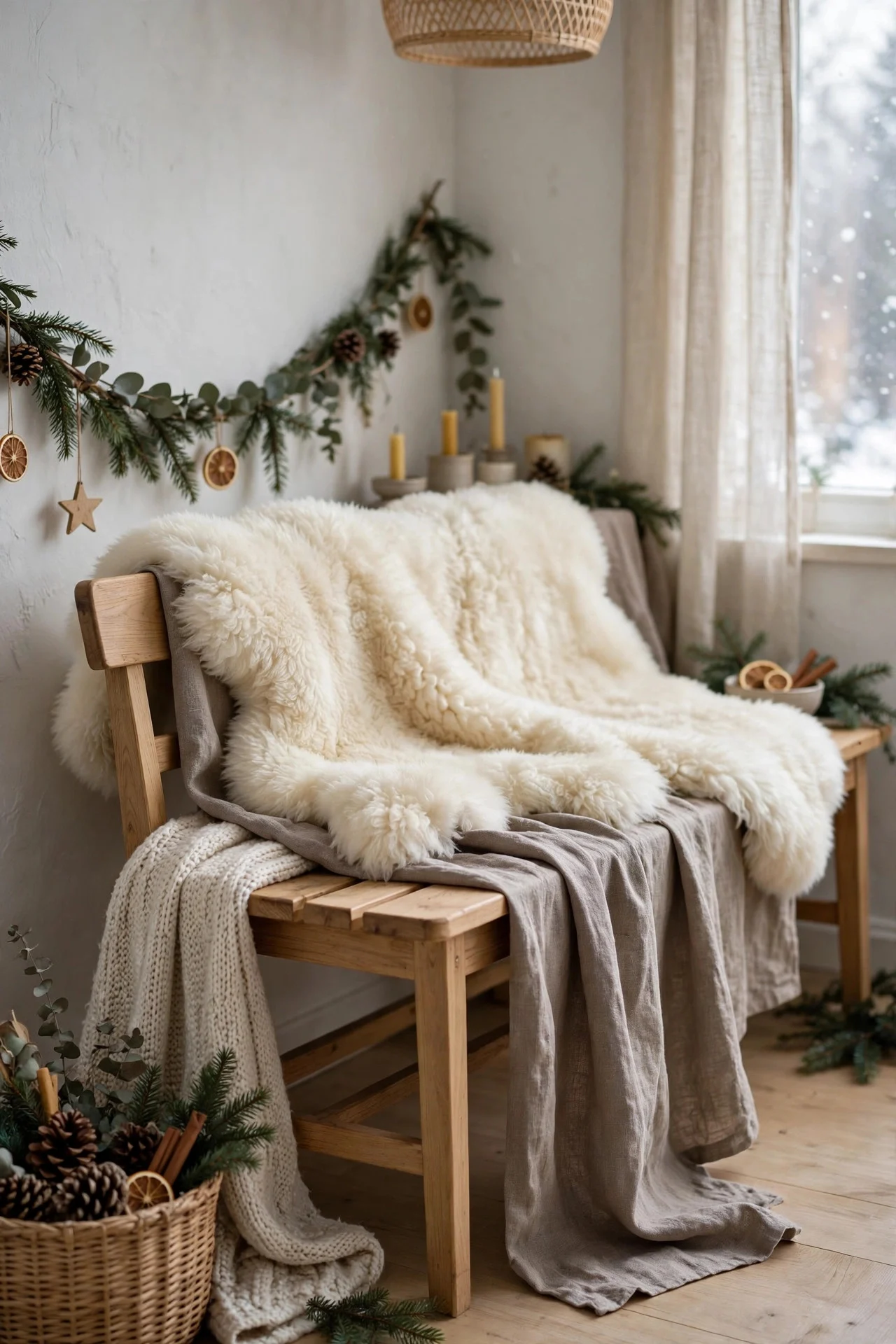 Sheepskin draped over dining bench with linen runner