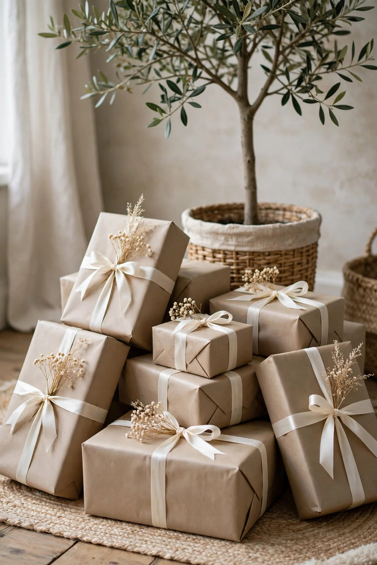 Taupe and white wrapped gifts with satin ribbon