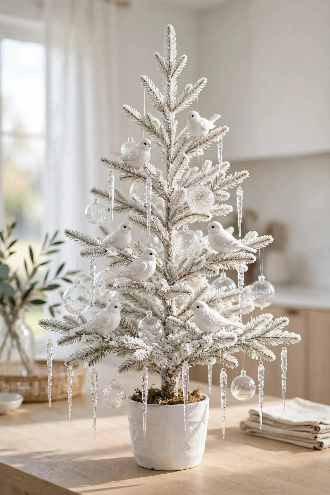 Small tree with white porcelain and clear glass ornaments