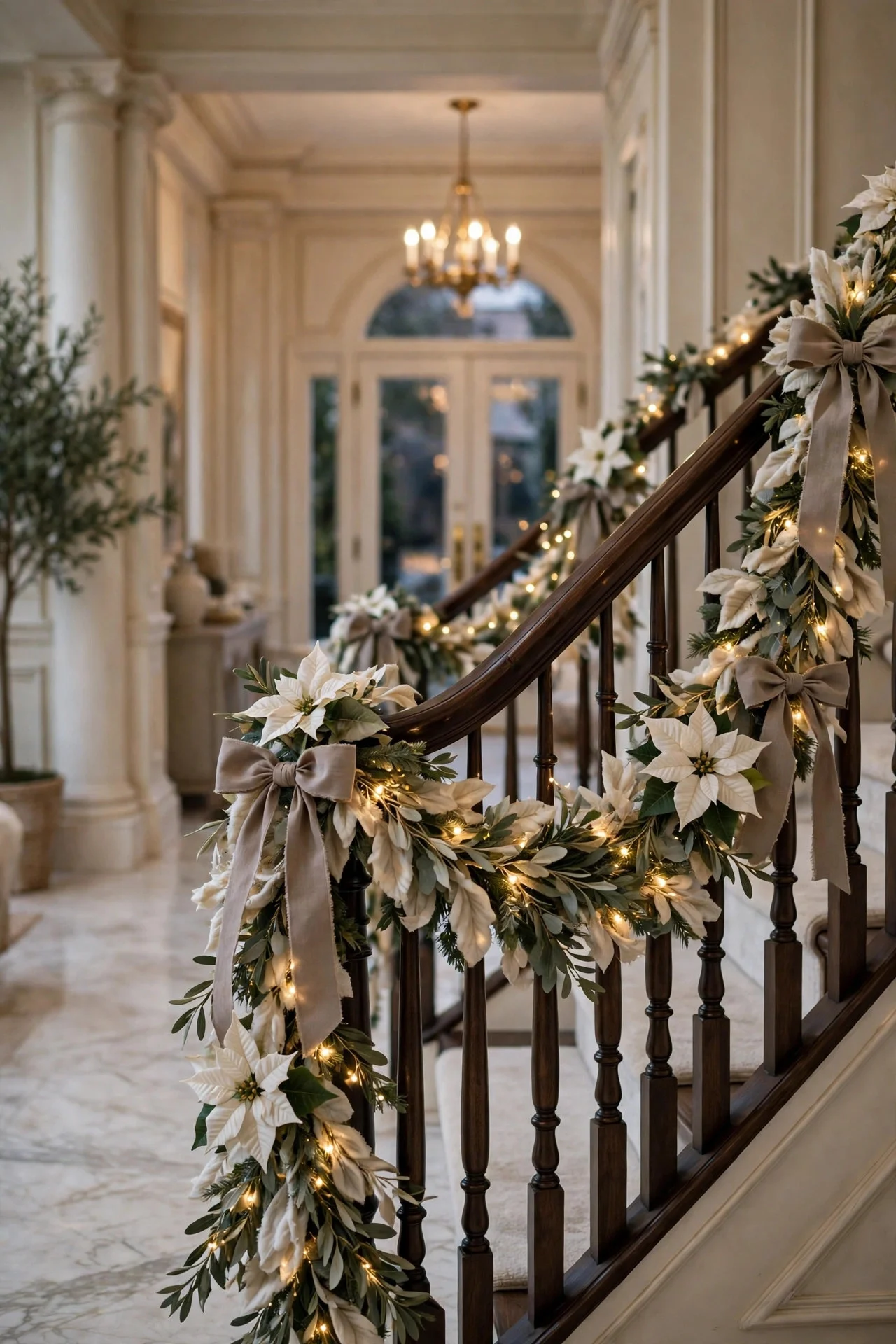 Cream garland with taupe bows on staircase railing