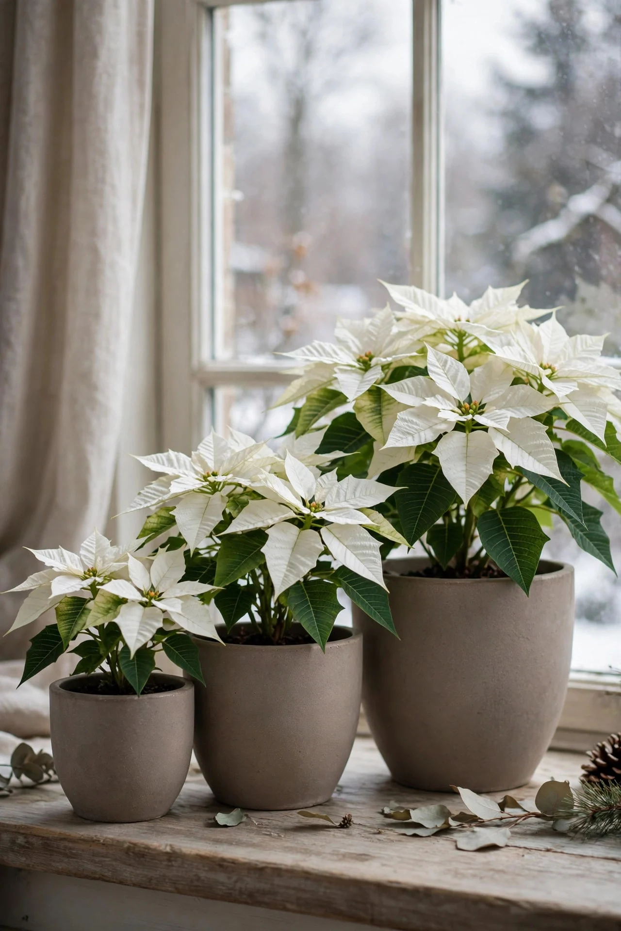 White poinsettias in taupe ceramic pots