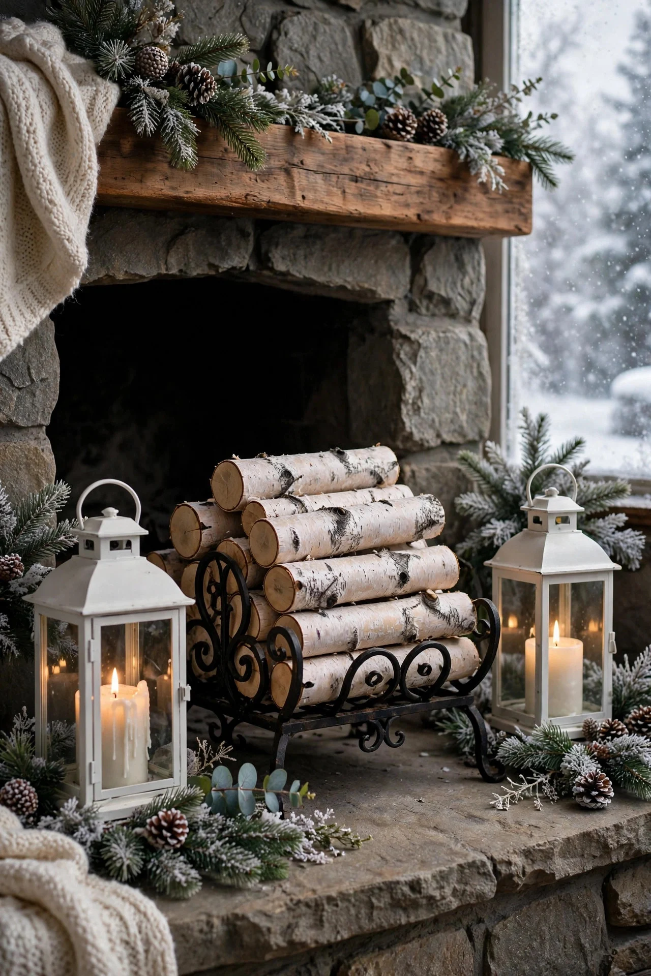 Birch logs and white lanterns by fireplace