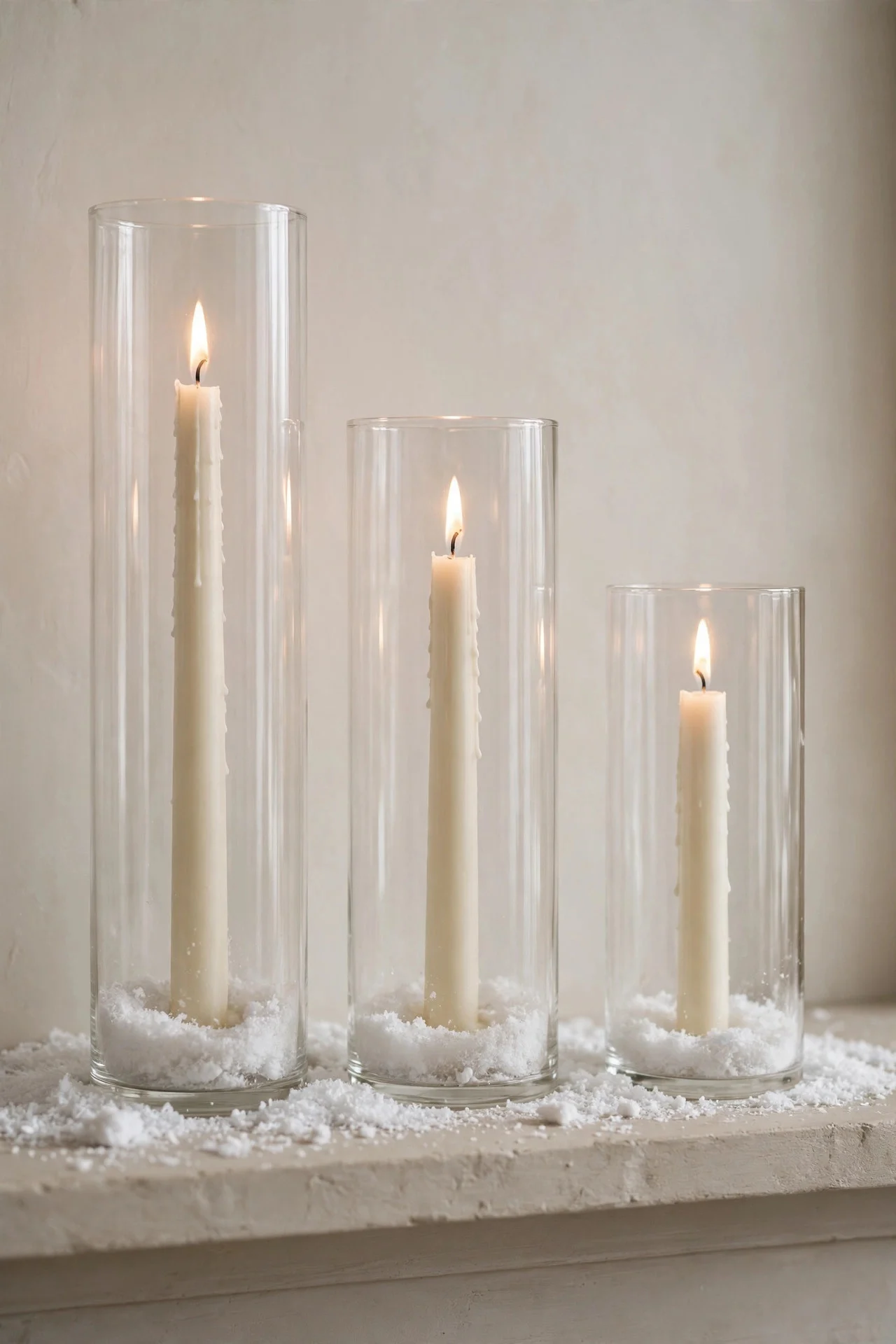Ivory tapers in clear glass holders on mantel