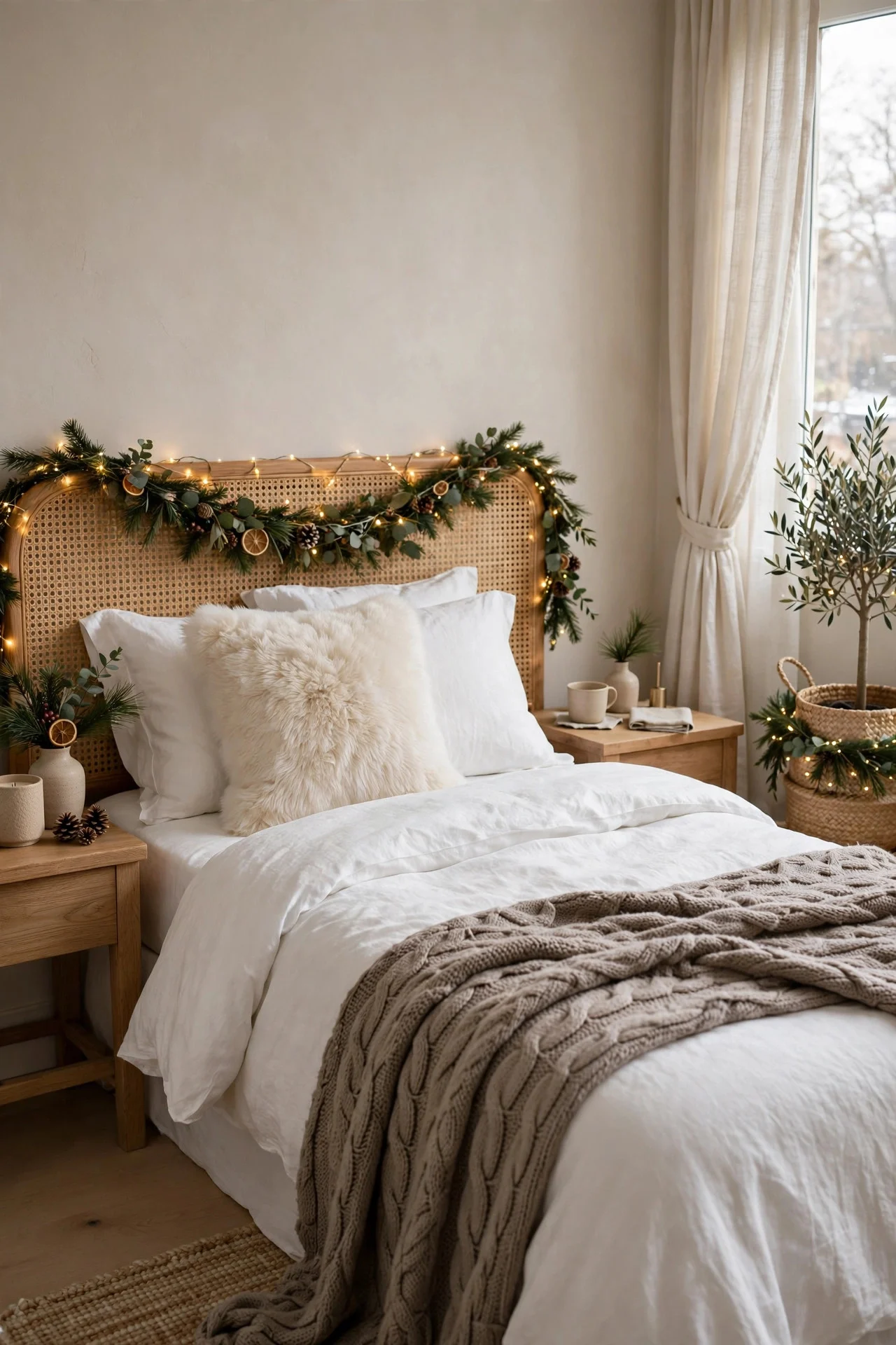 Neutral white and taupe Christmas bedroom with fairy lights