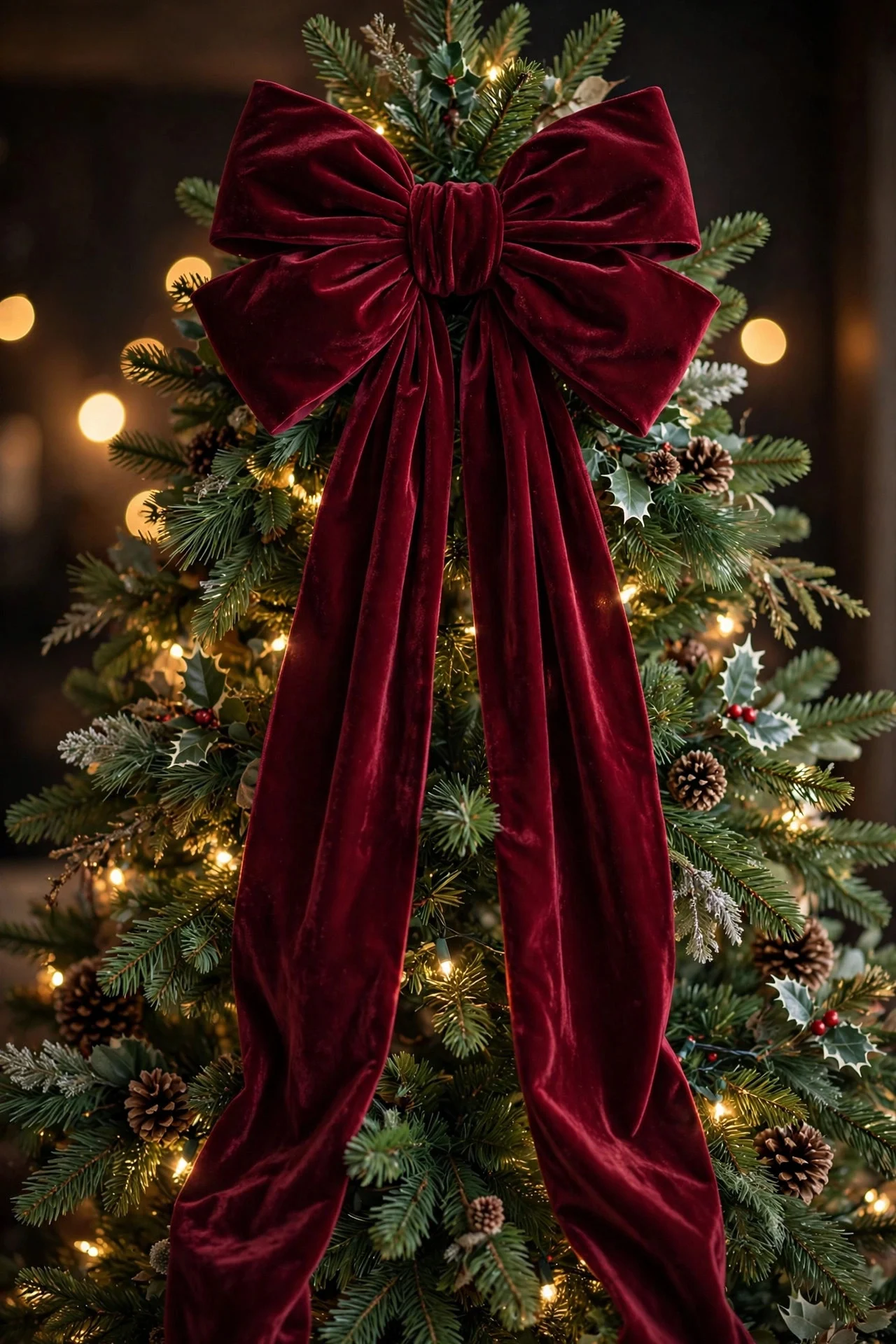 Oversized velvet bow as Christmas tree topper
