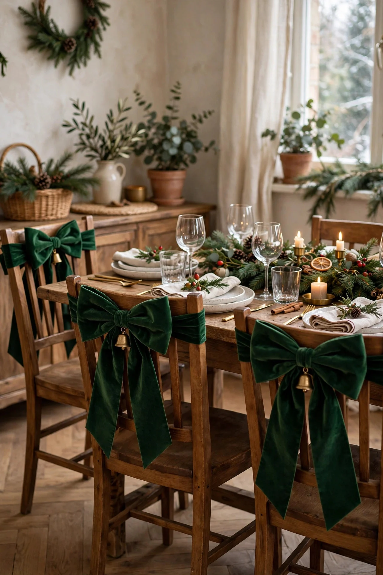 Velvet bows tied on dining chair backs with brass bells