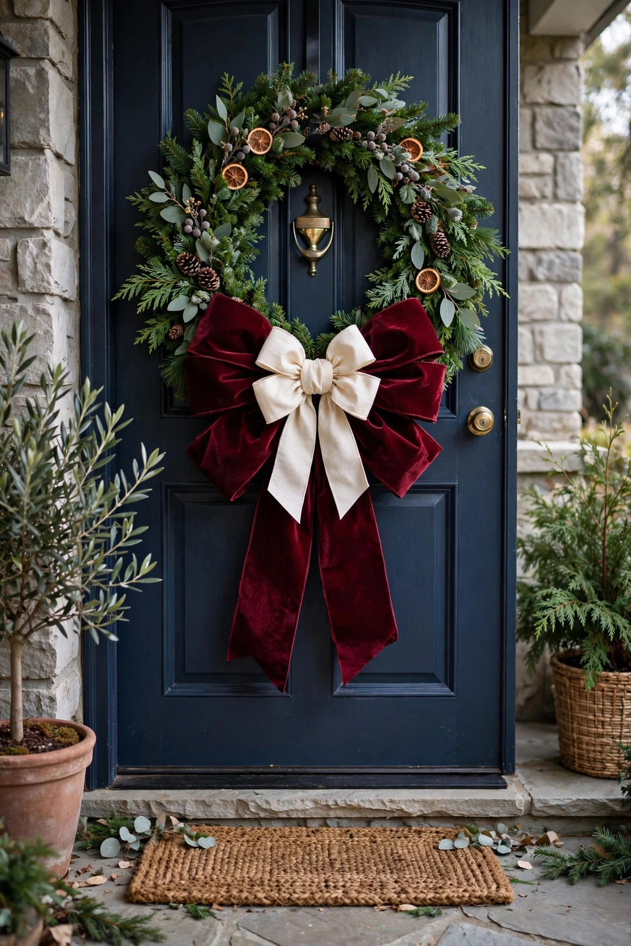 Front-door wreath with oversized velvet bow