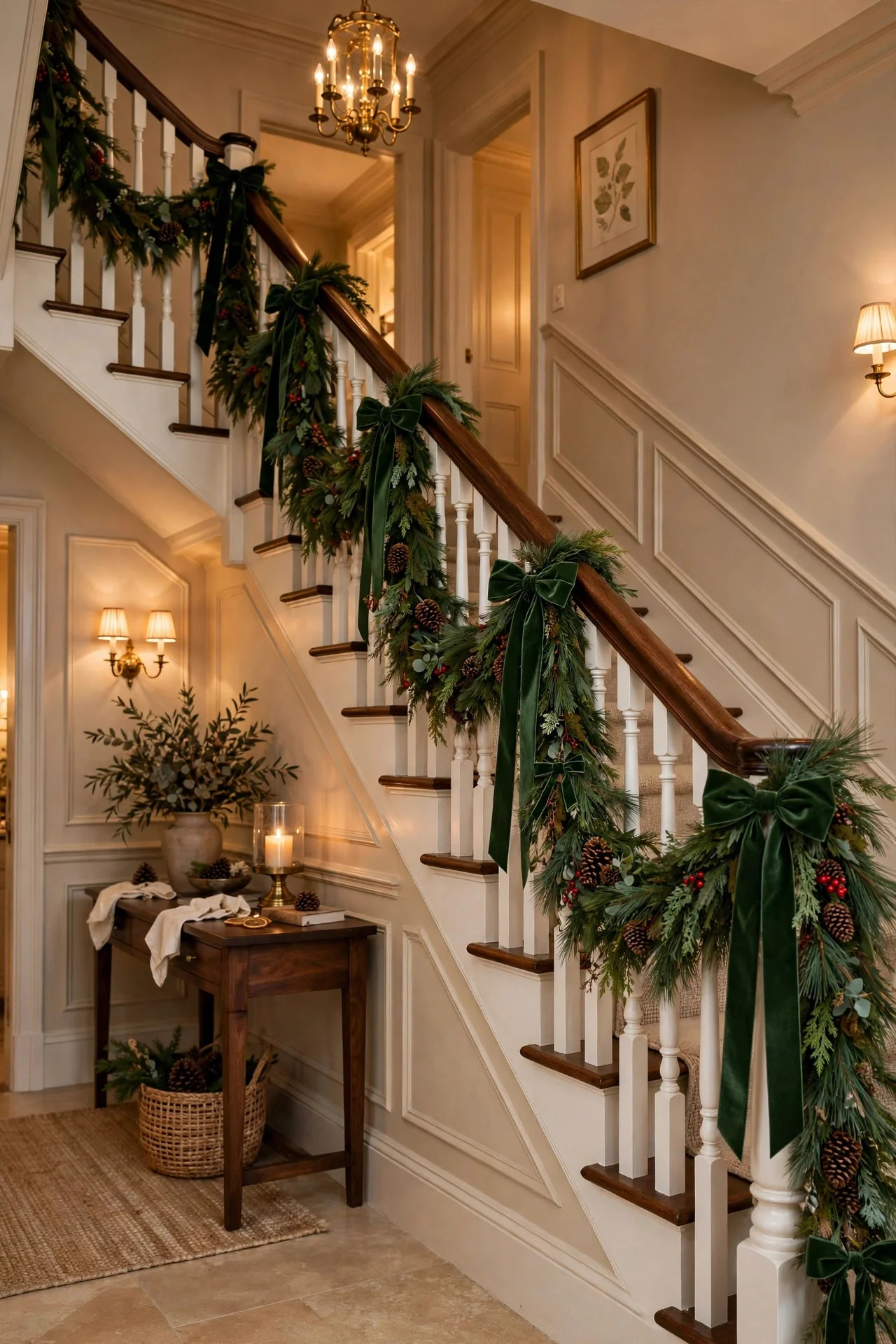 Velvet bows spaced along staircase Christmas garland