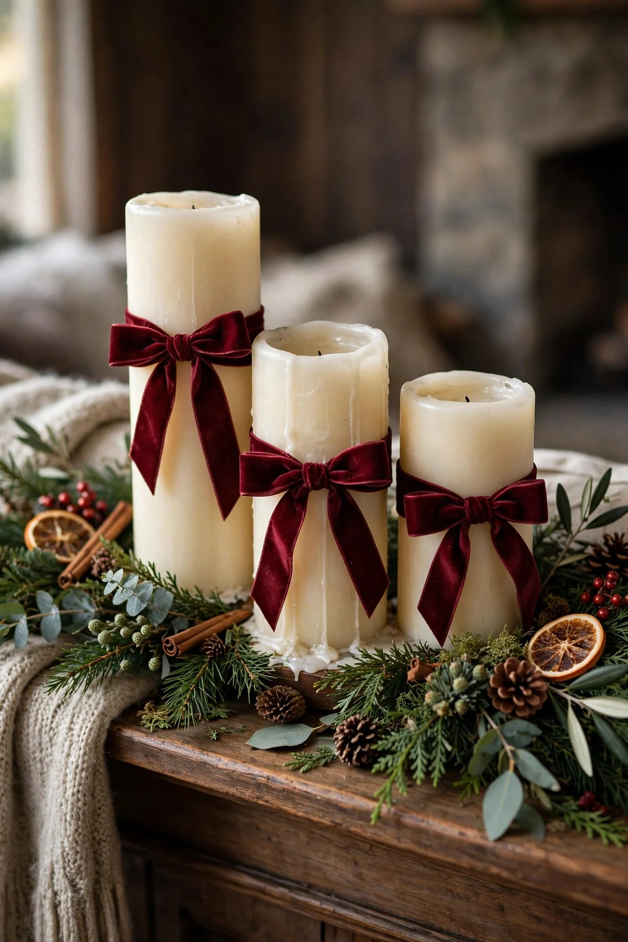 Velvet bows tied around ivory pillar candles