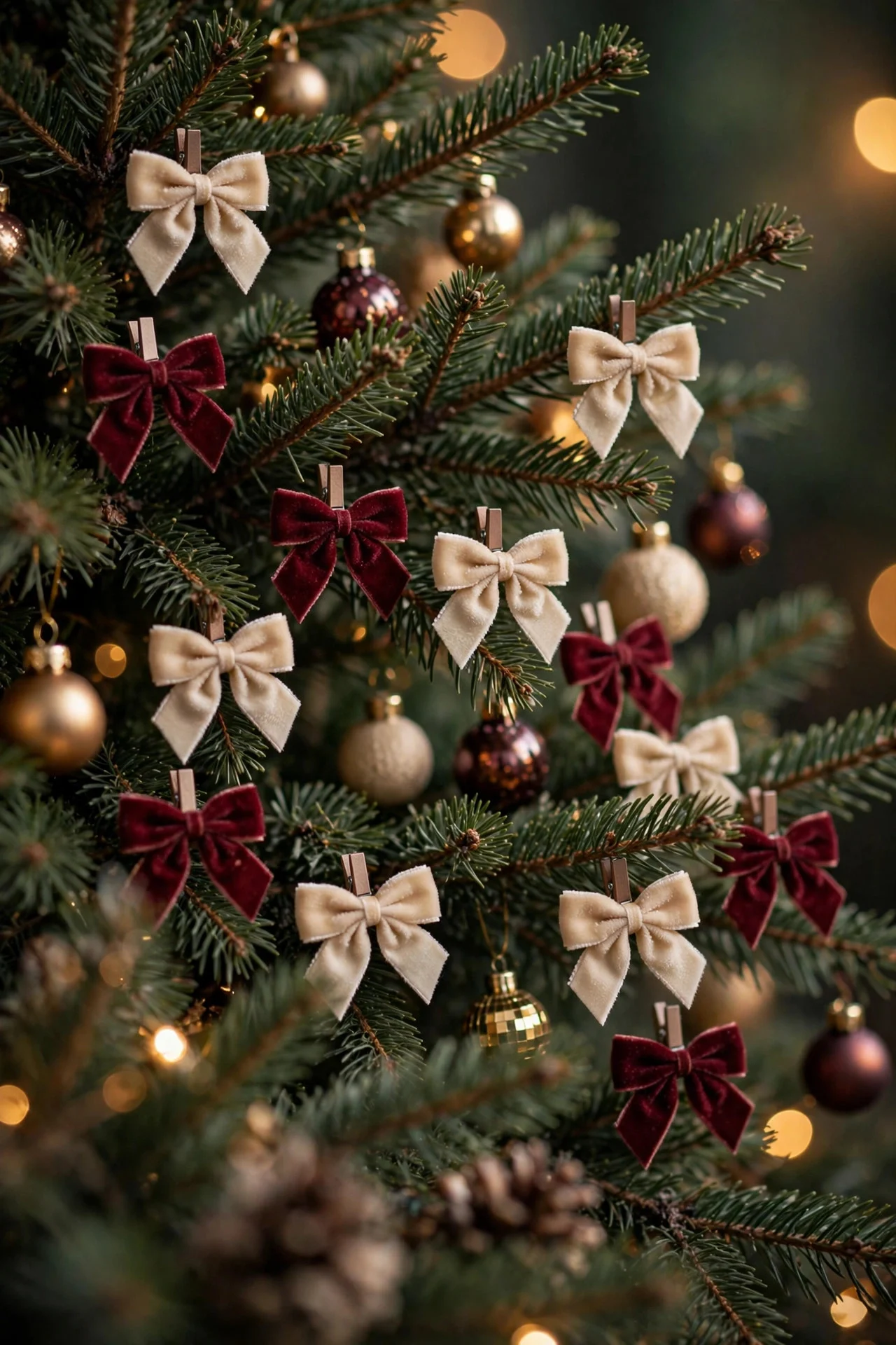 Mini velvet bows scattered through Christmas tree branches