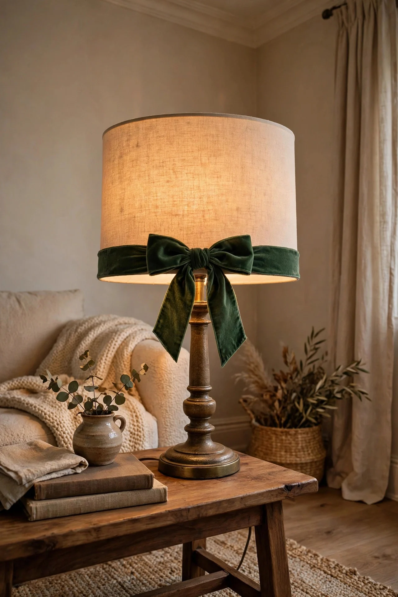 Velvet bow tied on lampshade trim