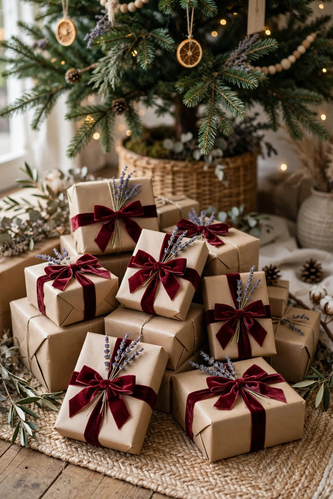 Gifts topped with velvet bows and lavender sprigs