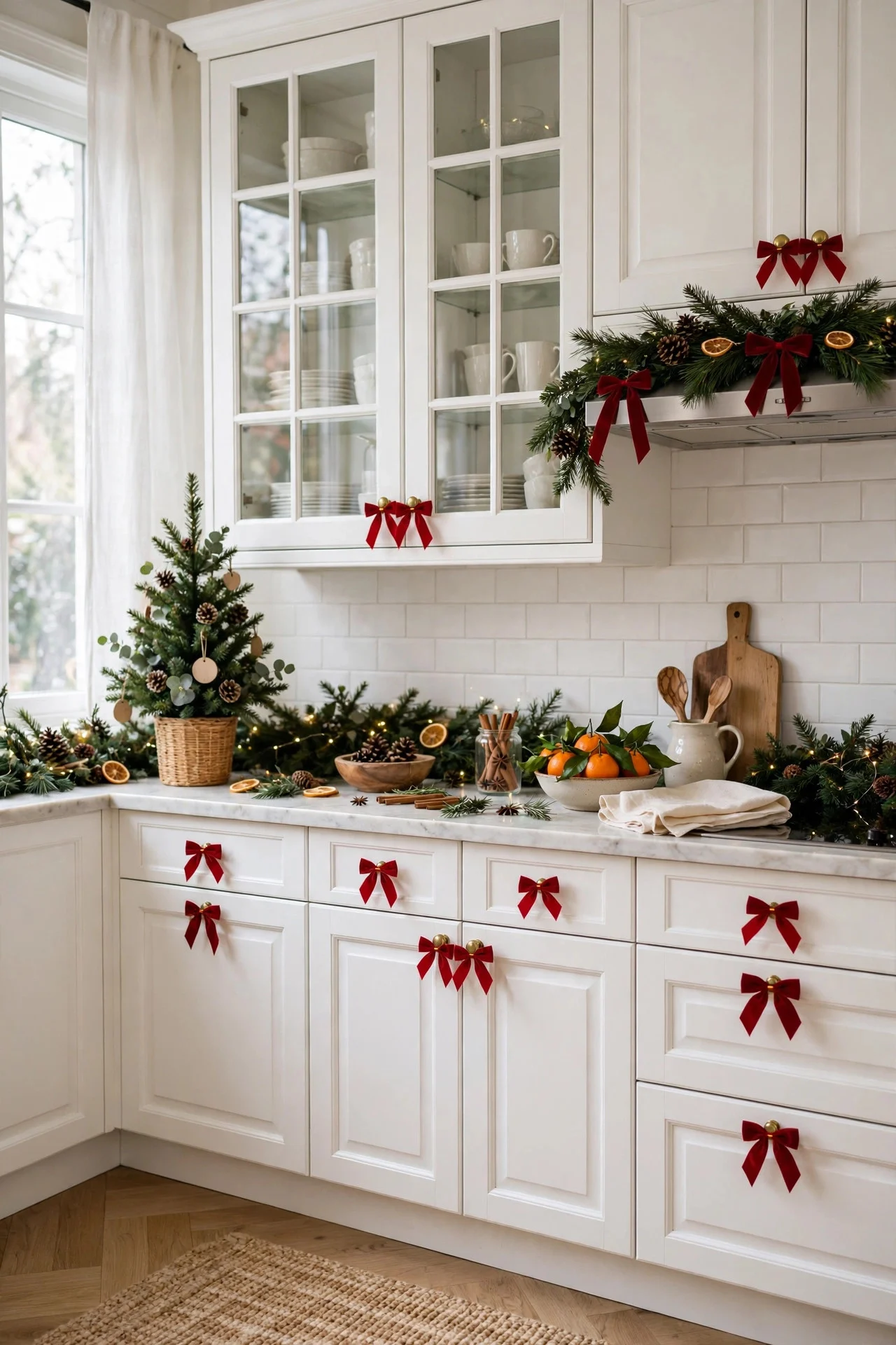 Small velvet bows on kitchen cabinet knobs