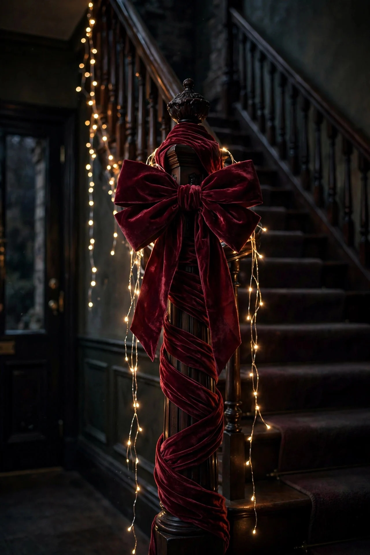 Grand velvet bow on staircase newel post
