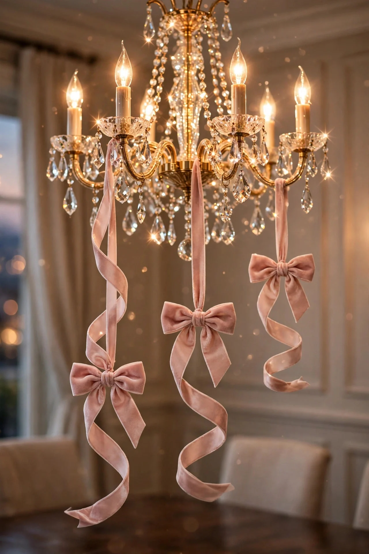 Velvet bows hanging from chandelier on ribbons