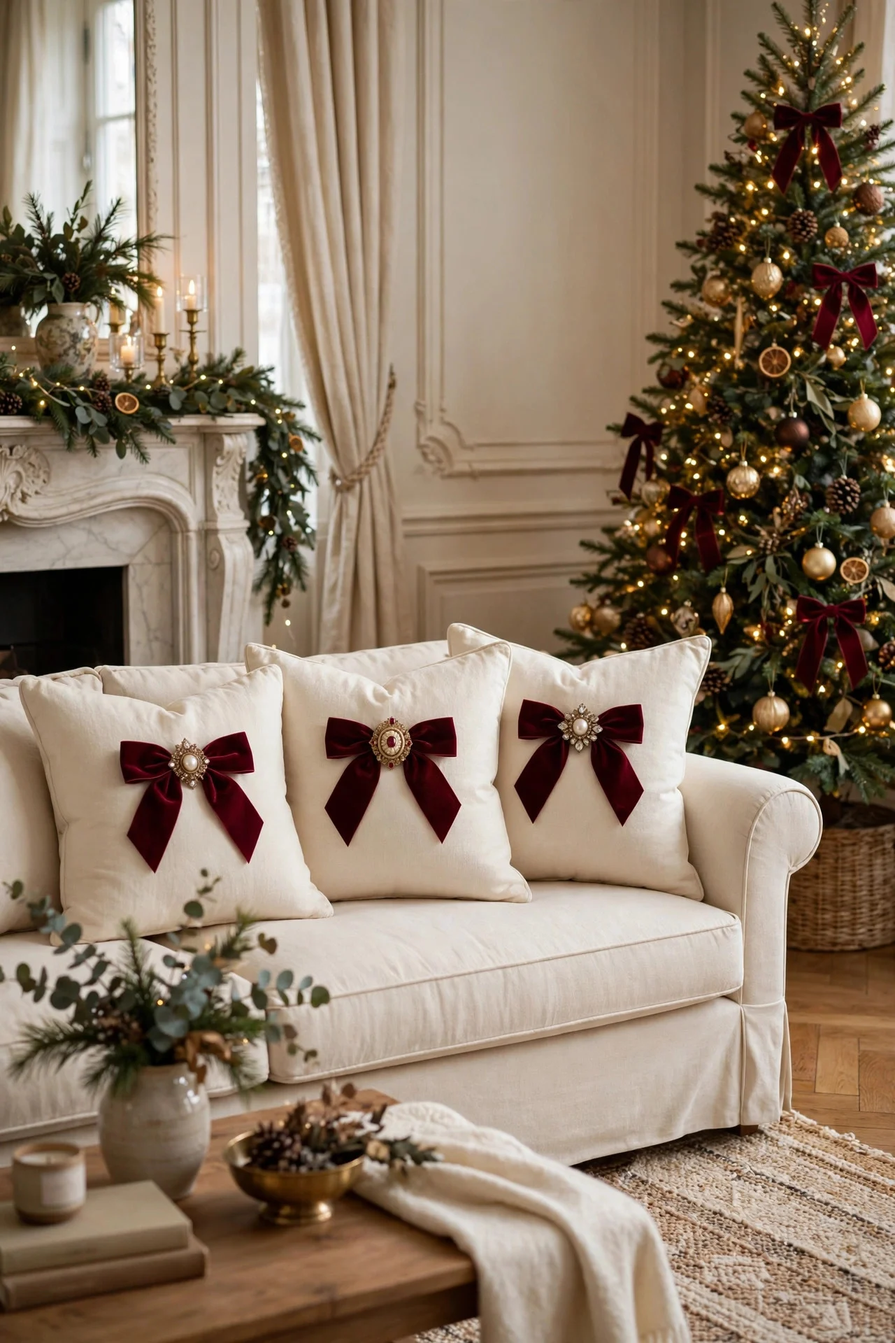Throw pillows pinned with velvet bows and brooches