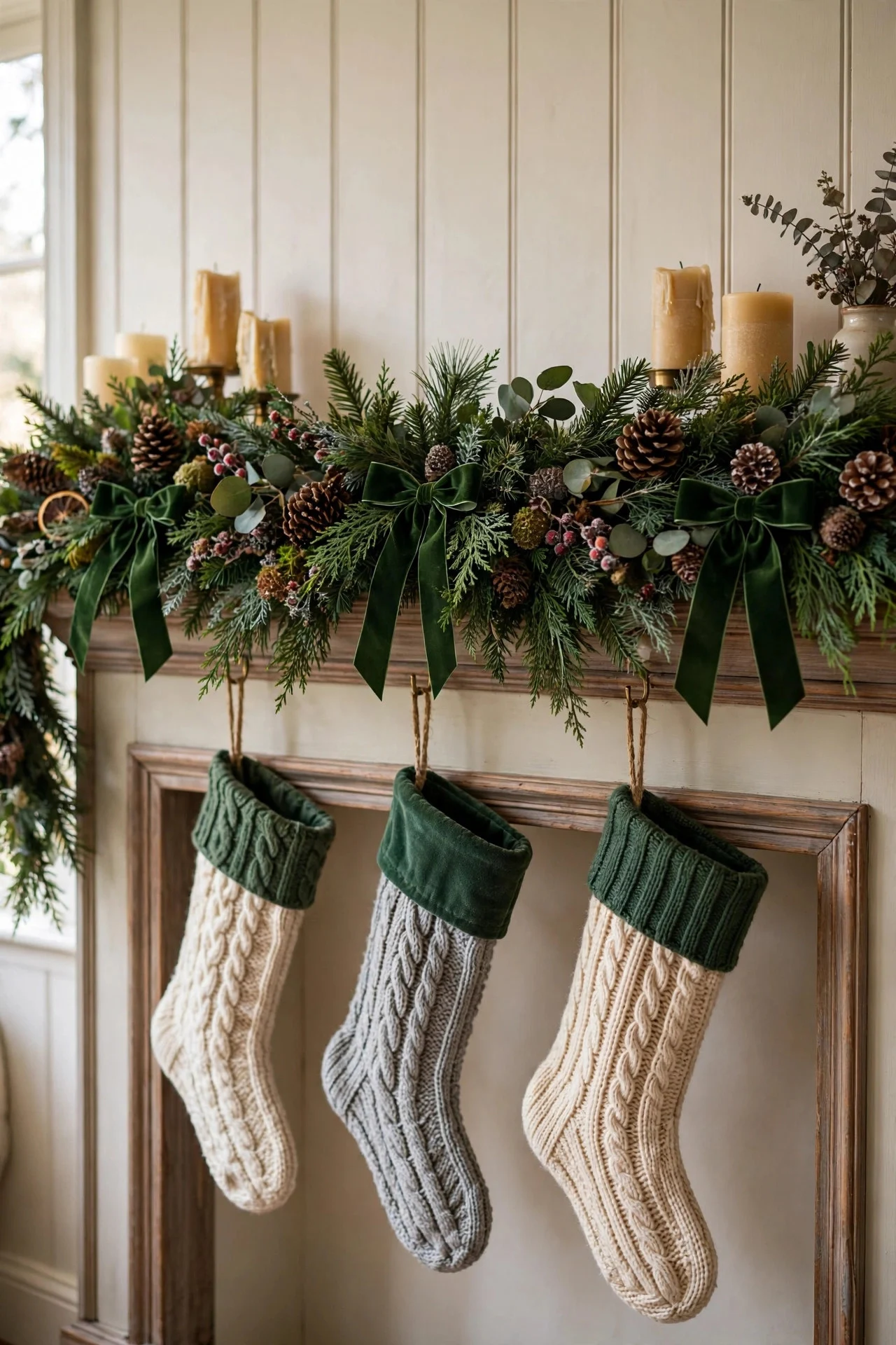 Velvet bows wired into mantel garland