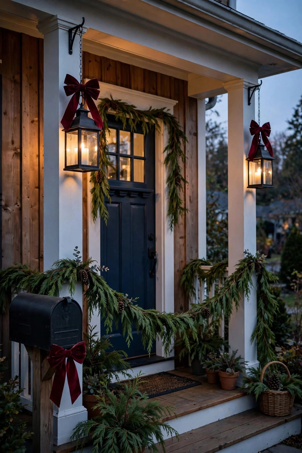 Velvet bows on porch lanterns and mailbox