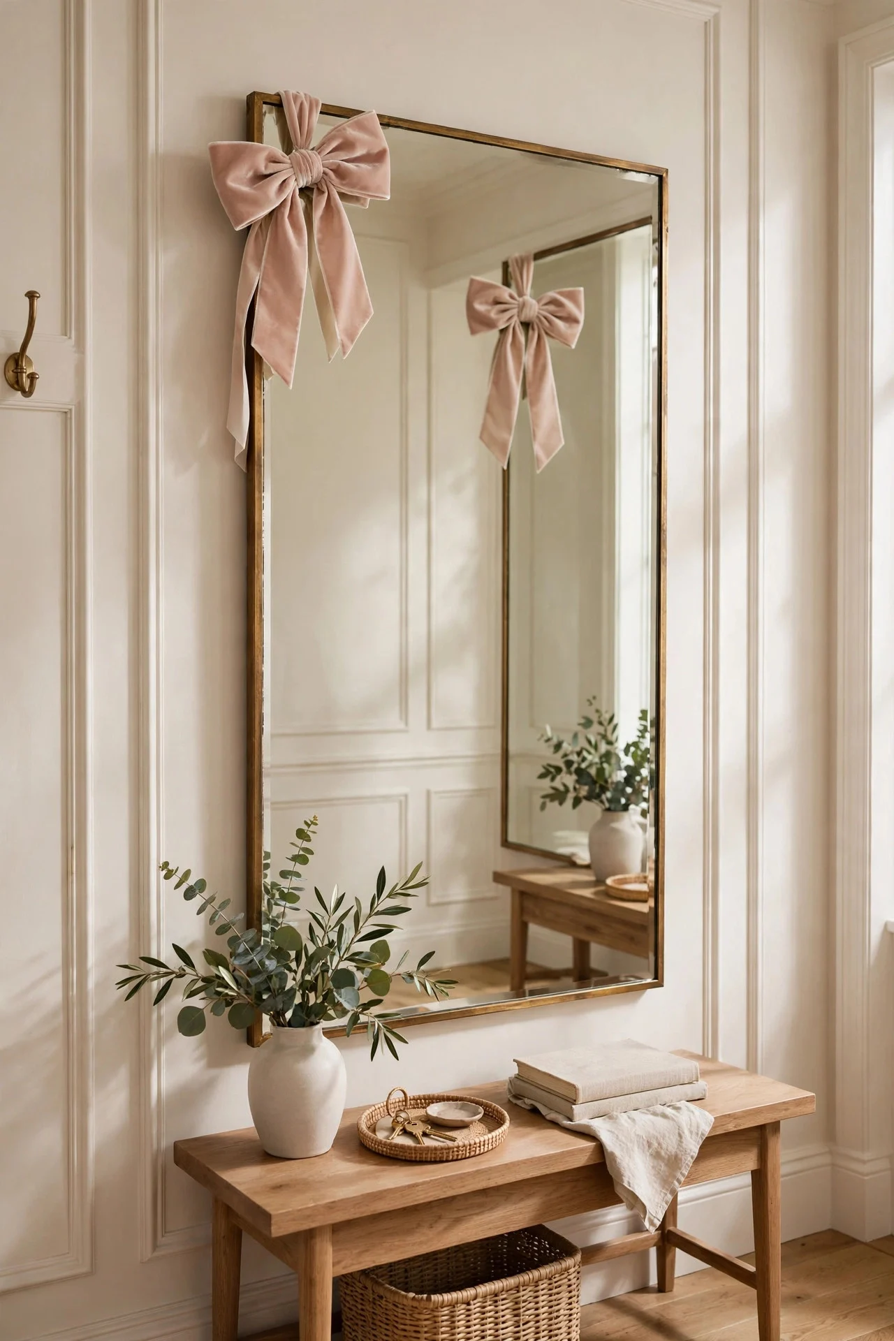 Velvet bow tied on entryway mirror corner