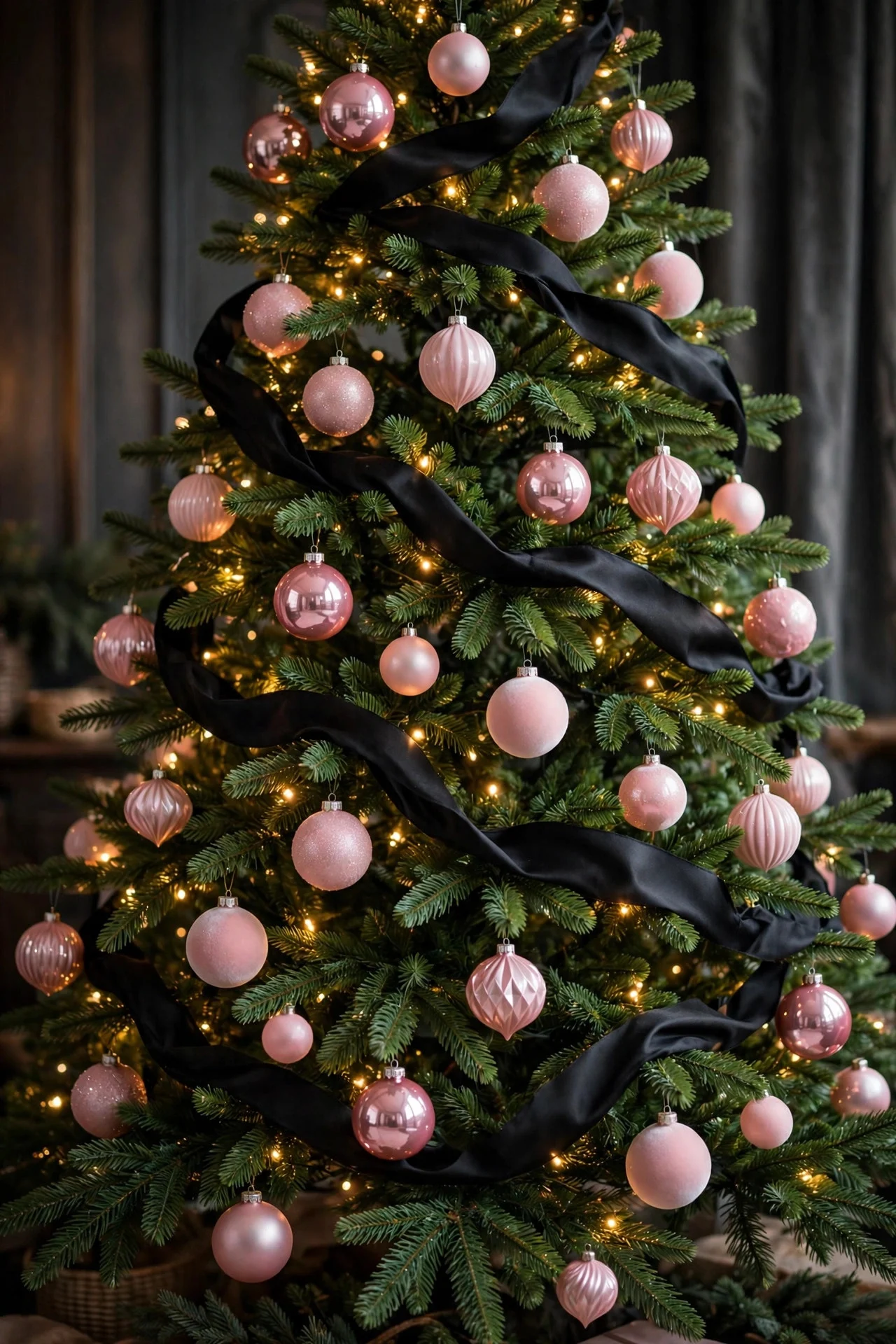 Blush pink ornaments with black ribbon on Christmas tree