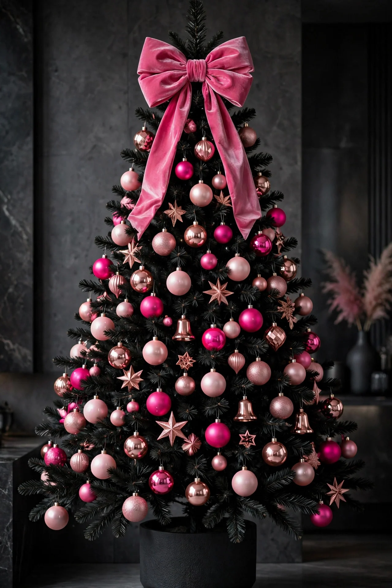 Black Christmas tree with pink ornaments and bow topper