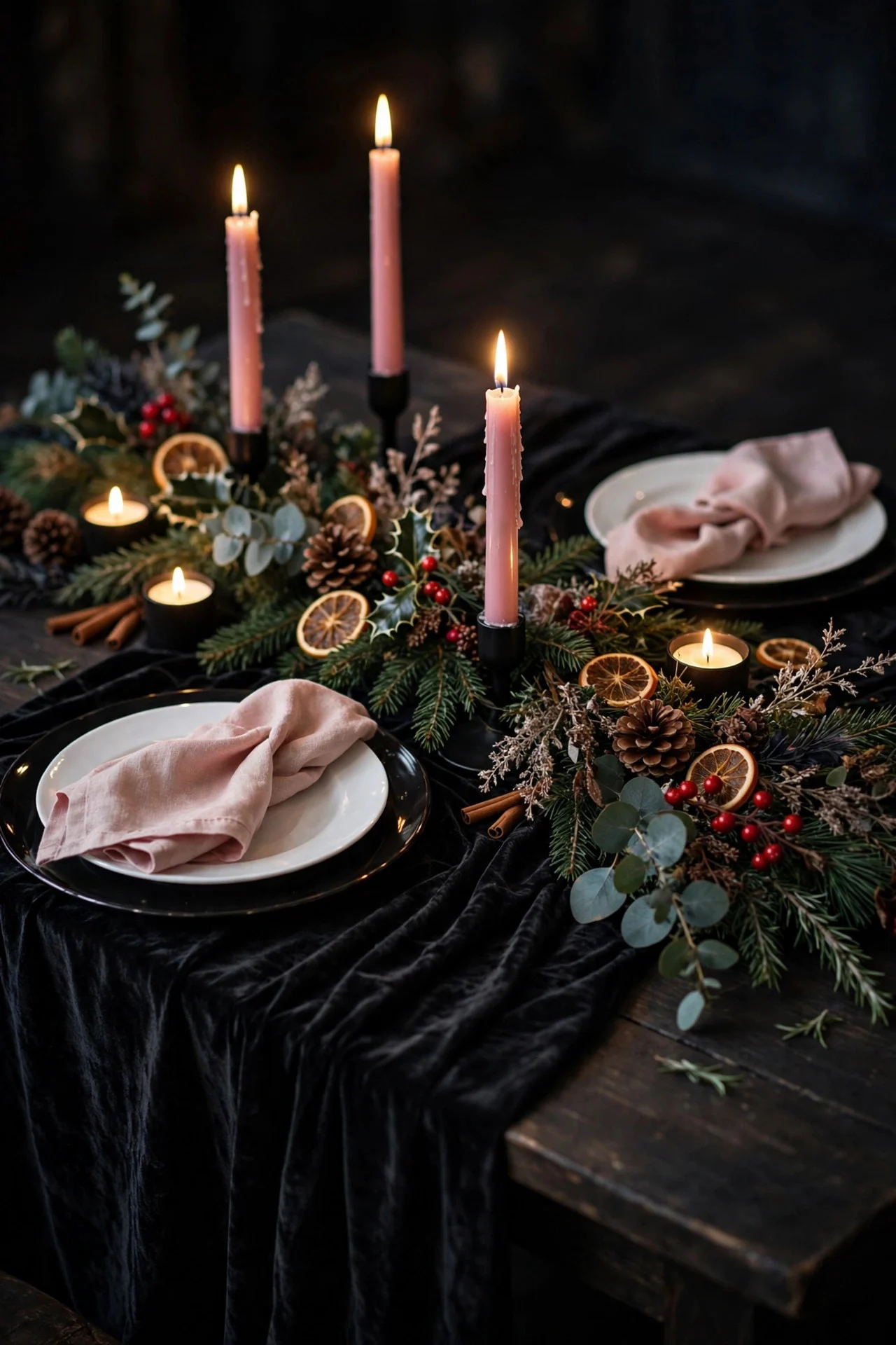 Pink and black Christmas dinner tablescape