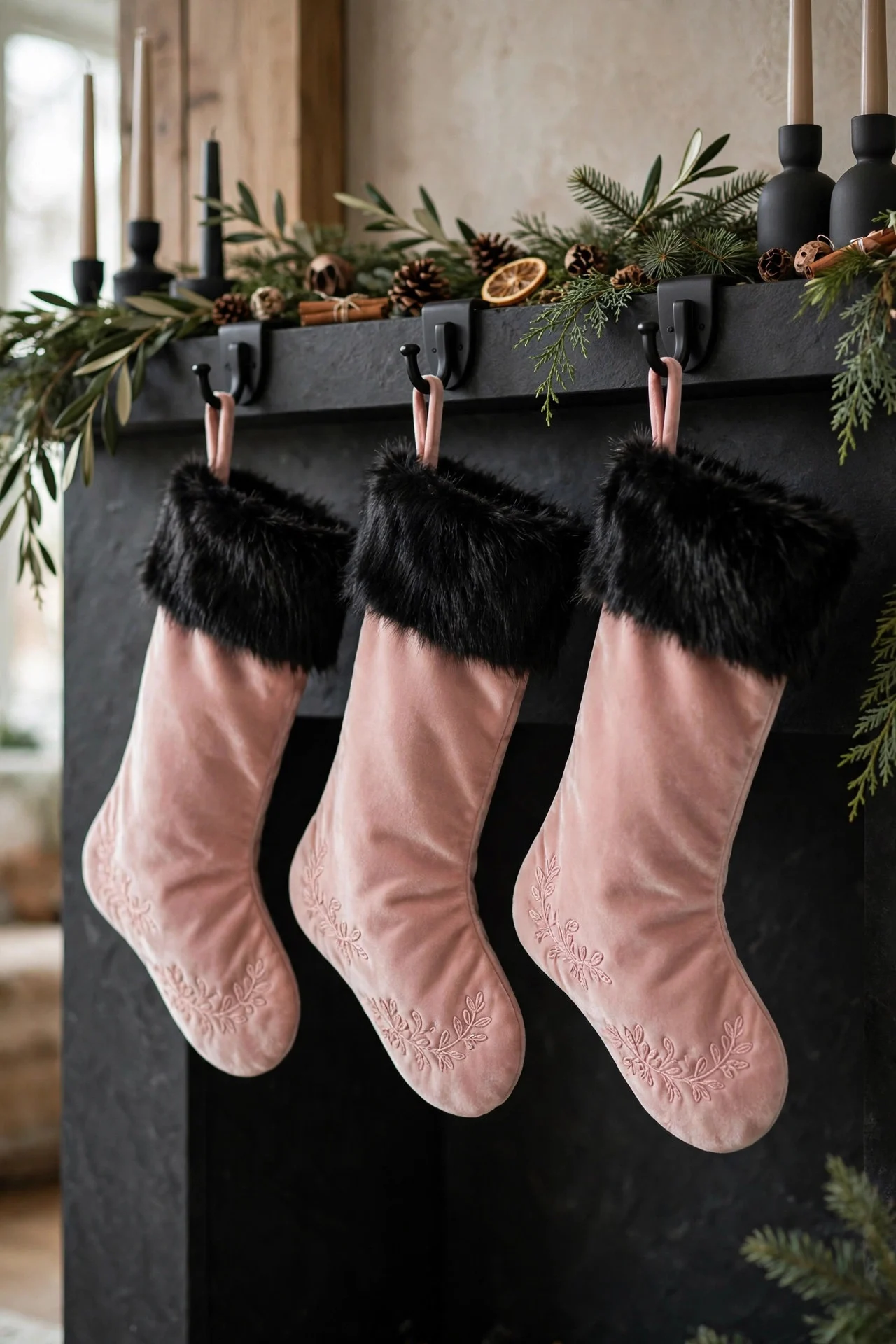 Pink velvet stockings with black cuffs on mantel
