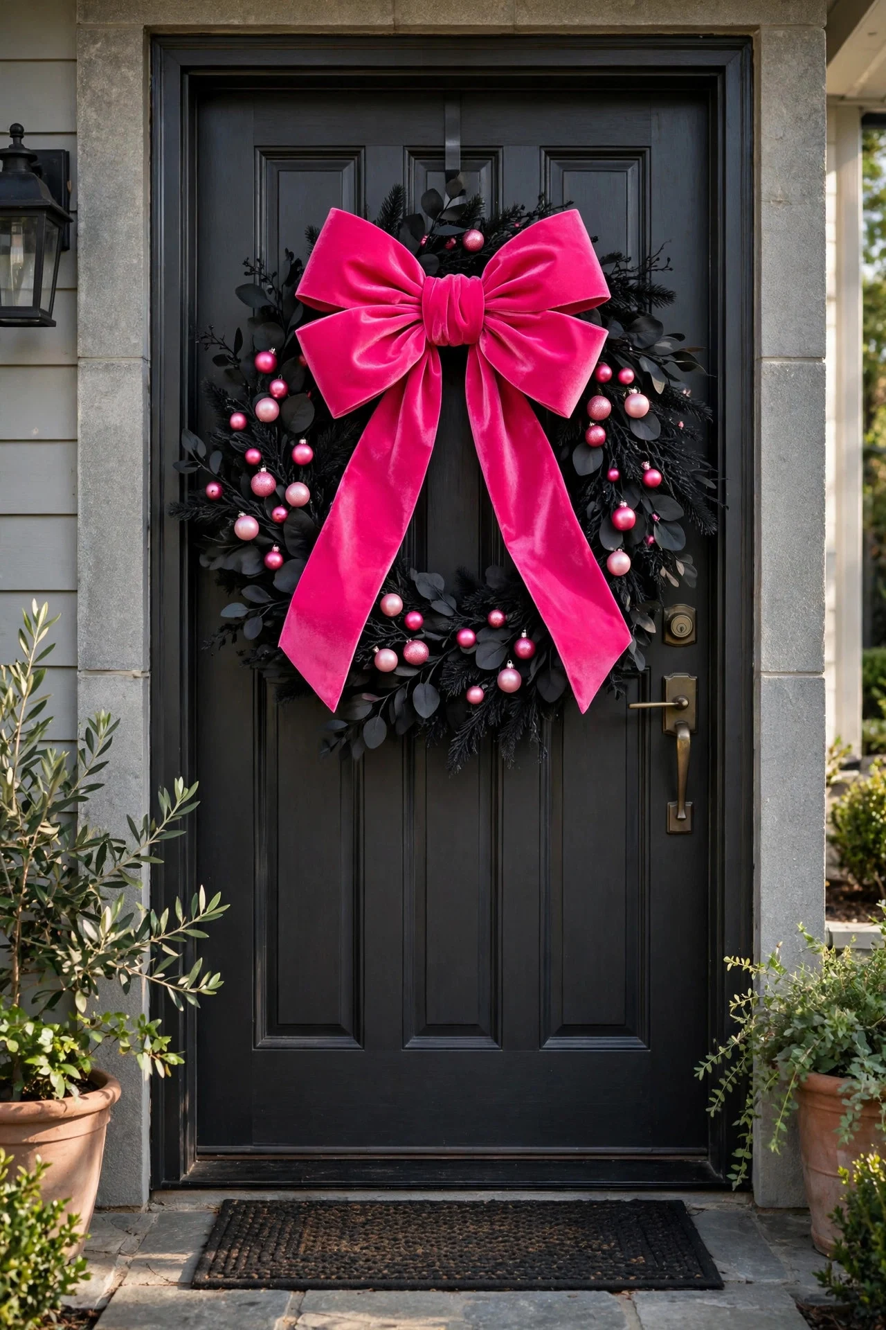 Black wreath with hot pink velvet bow on front door