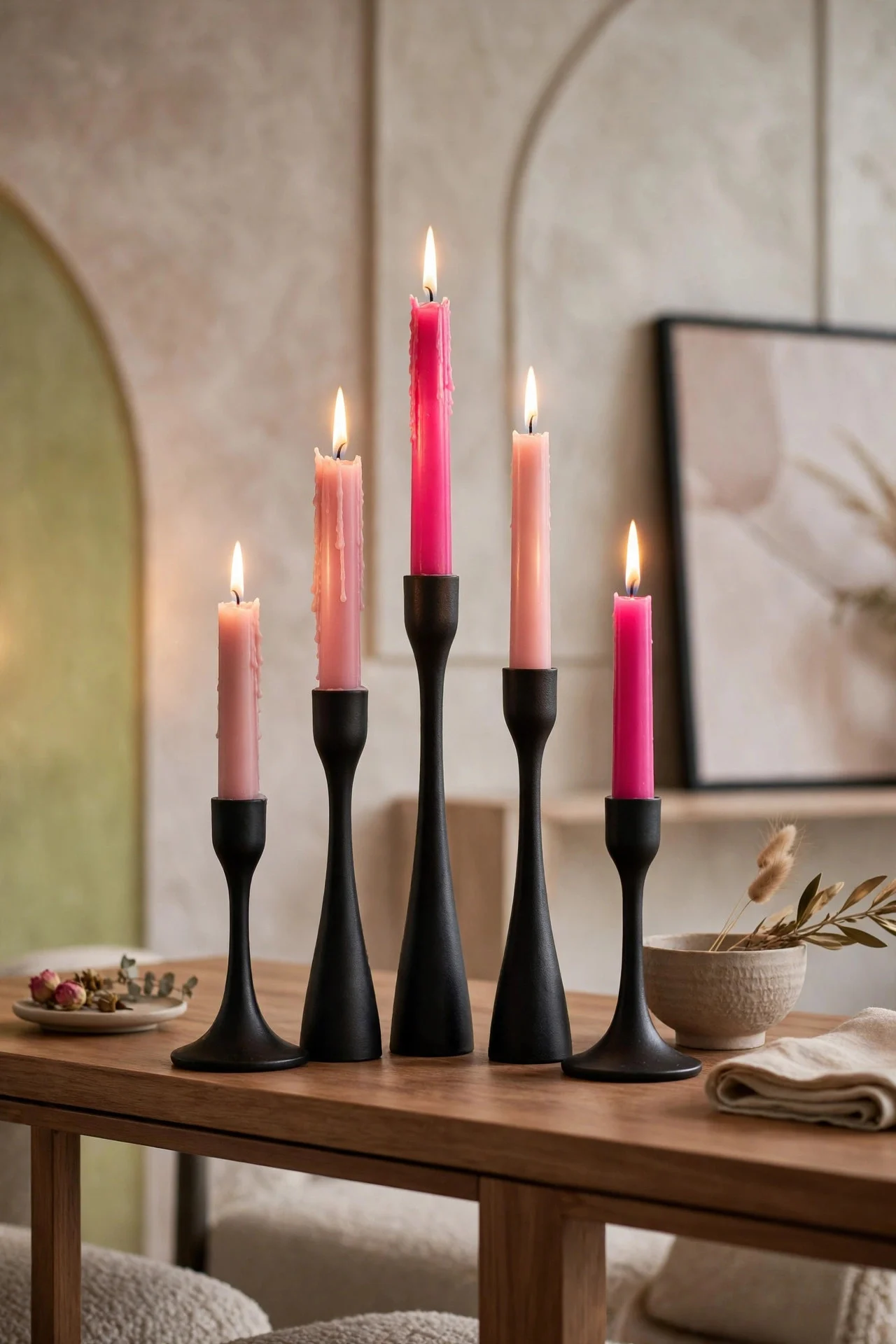 Pink taper candles in matte black candlesticks