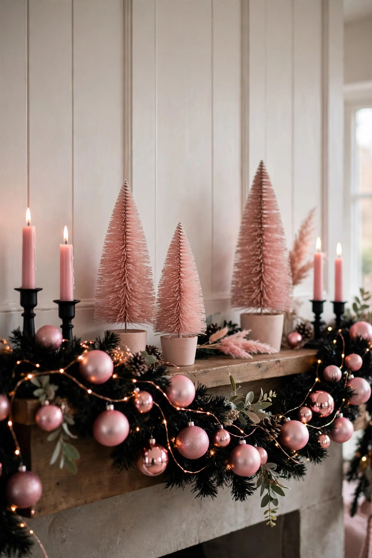 Pink and black mantel with black garland and ornaments