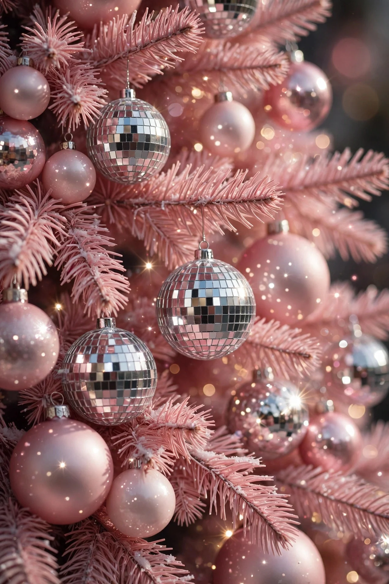 Disco ball ornaments sparkling among pink tree branches
