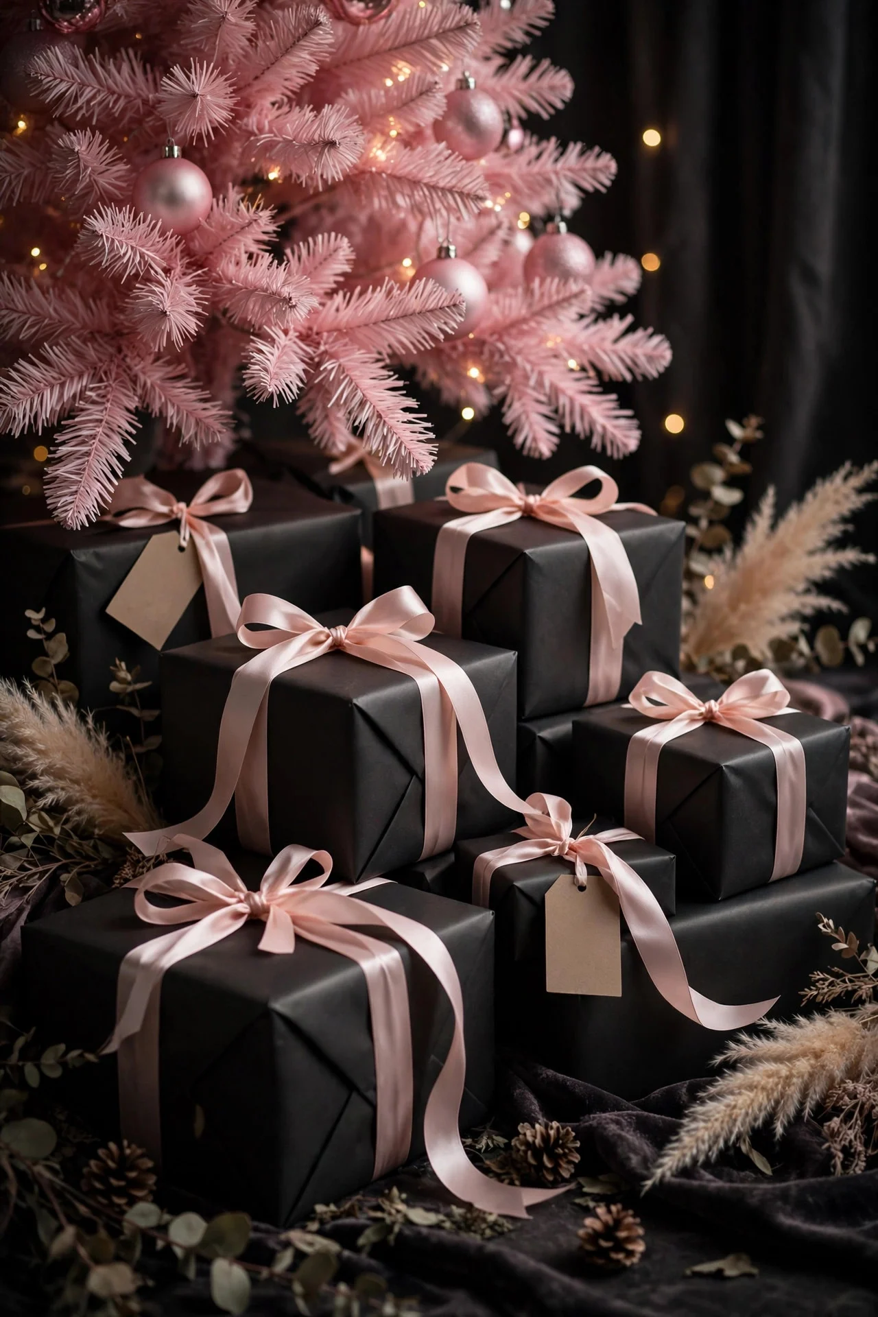 Black wrapped gifts with blush pink ribbon