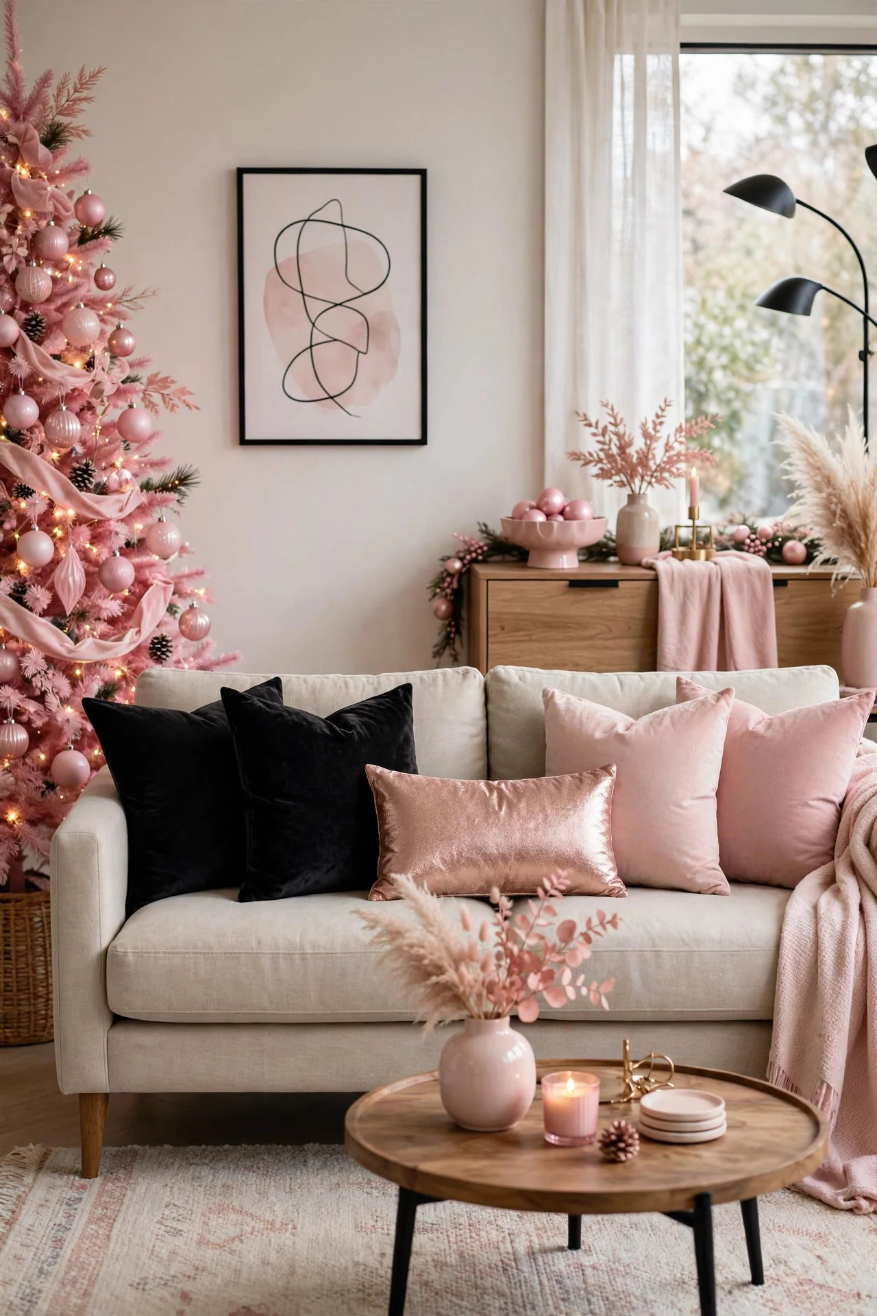 Sofa with black velvet and blush pink pillows