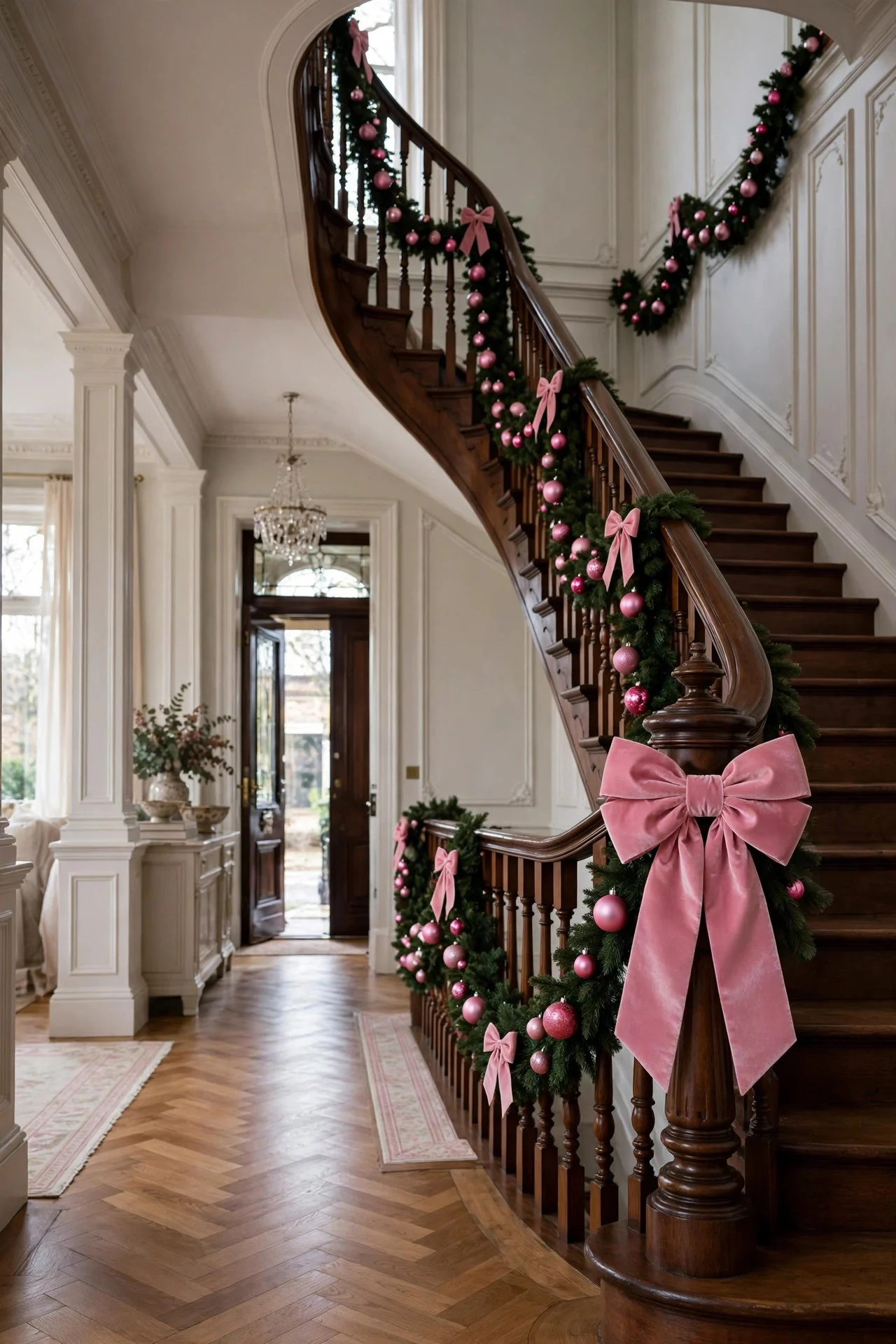 Staircase garland with pink ornaments and velvet bows